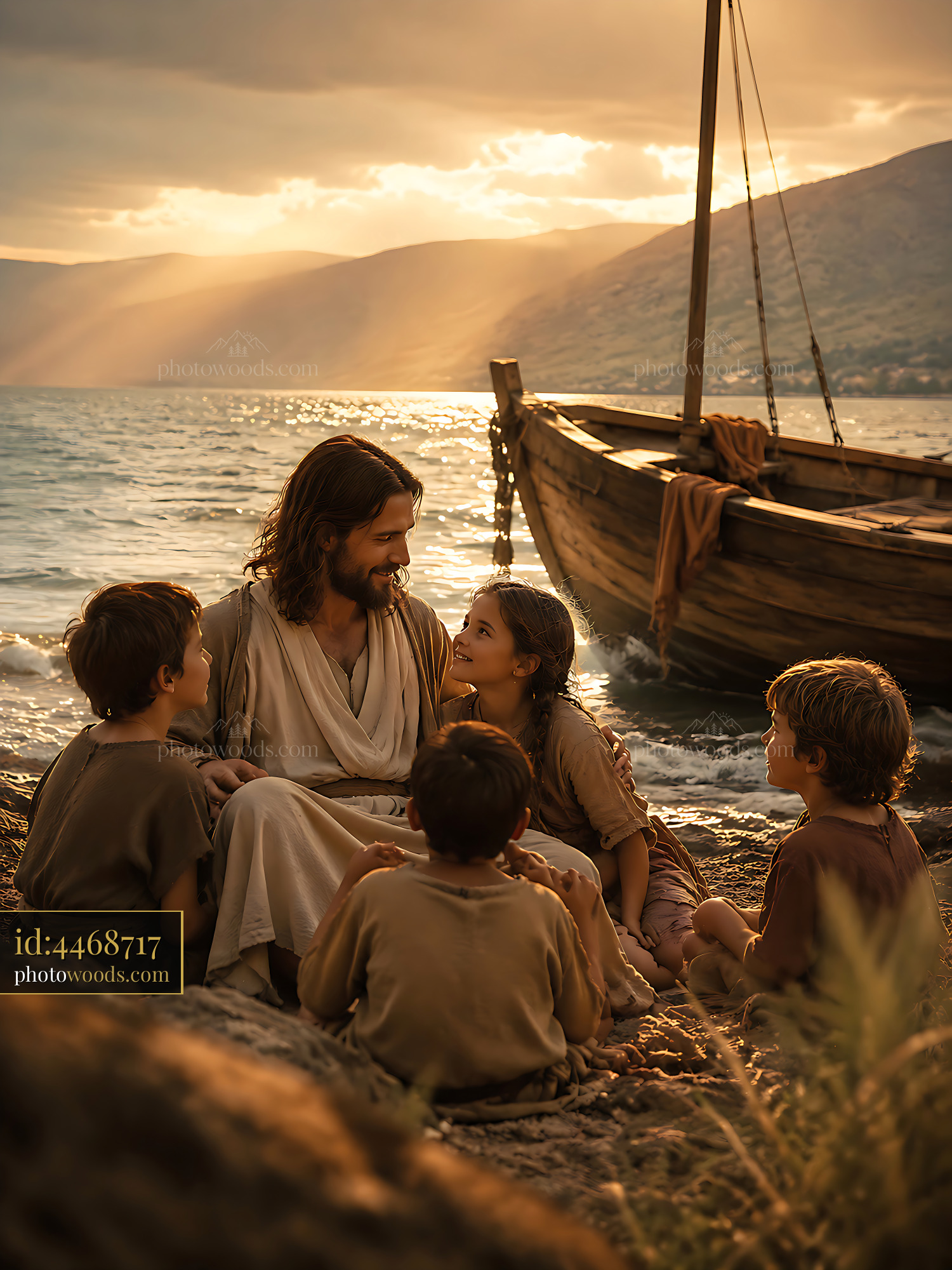 Jesus Surrounded by Children on the Shore at Sunset