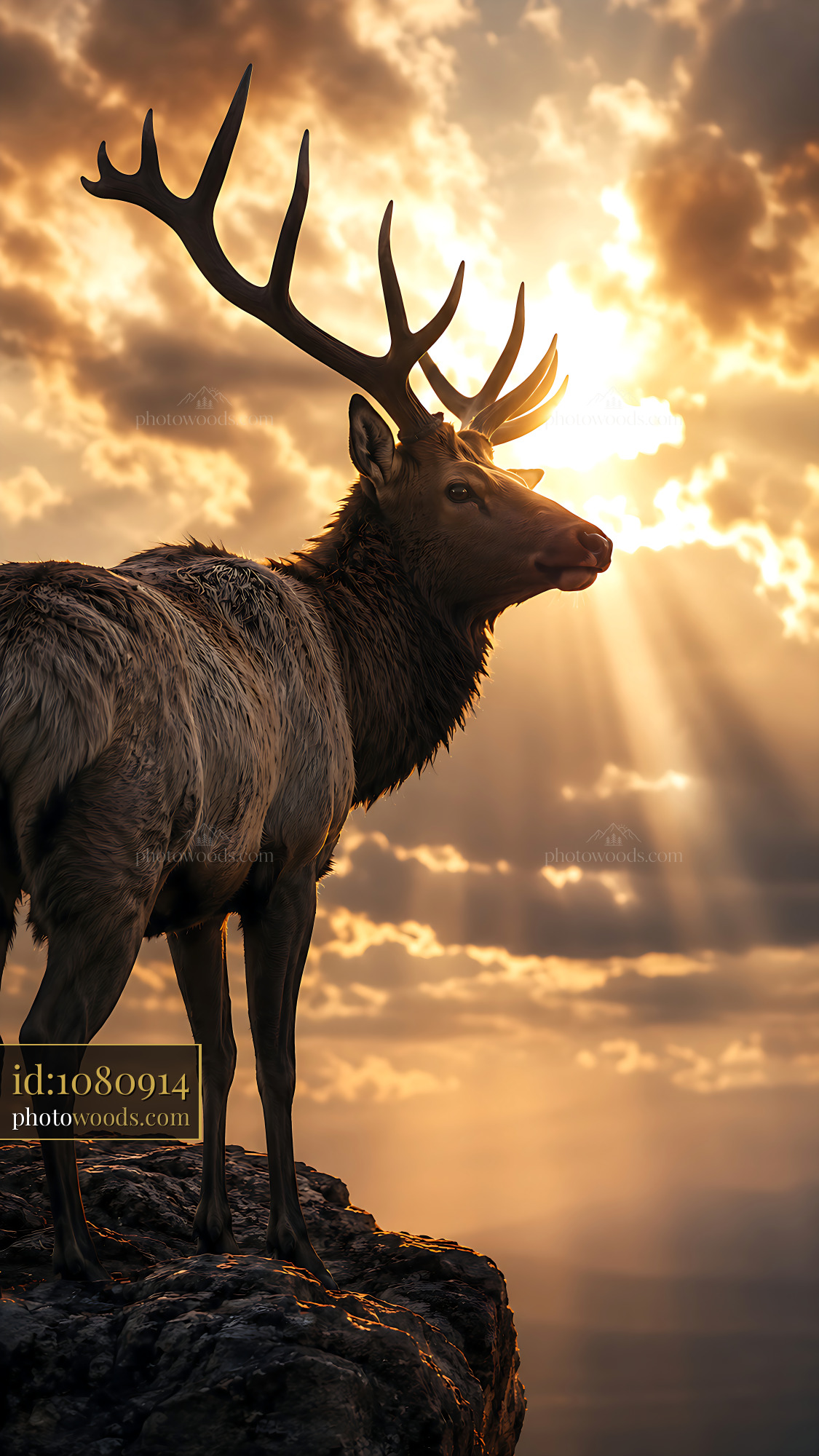 Elk Stands on a Rock While Sunlight Streams Through Clouds