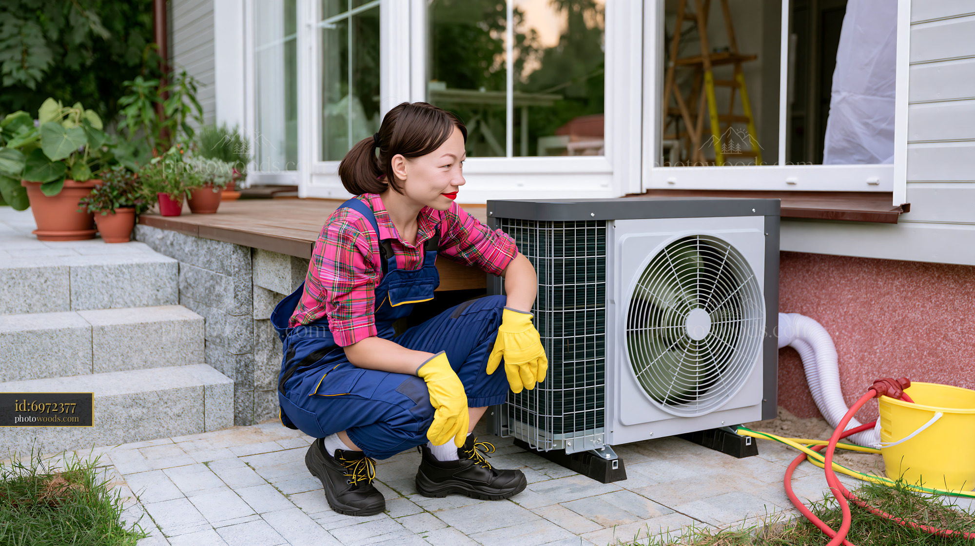 Young Female Electrician Working on Air Conditioning Unit Outside