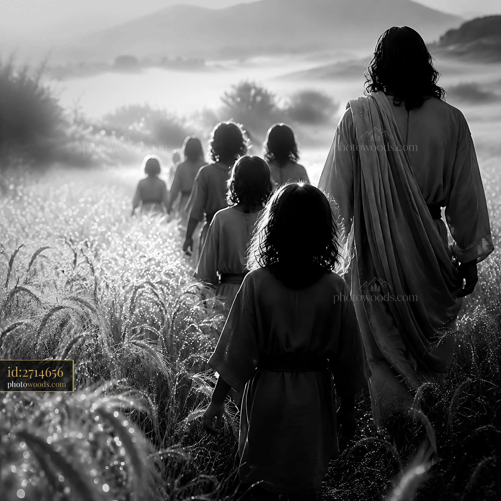Jesus Walks Through a Field With Children in Early Morning Light