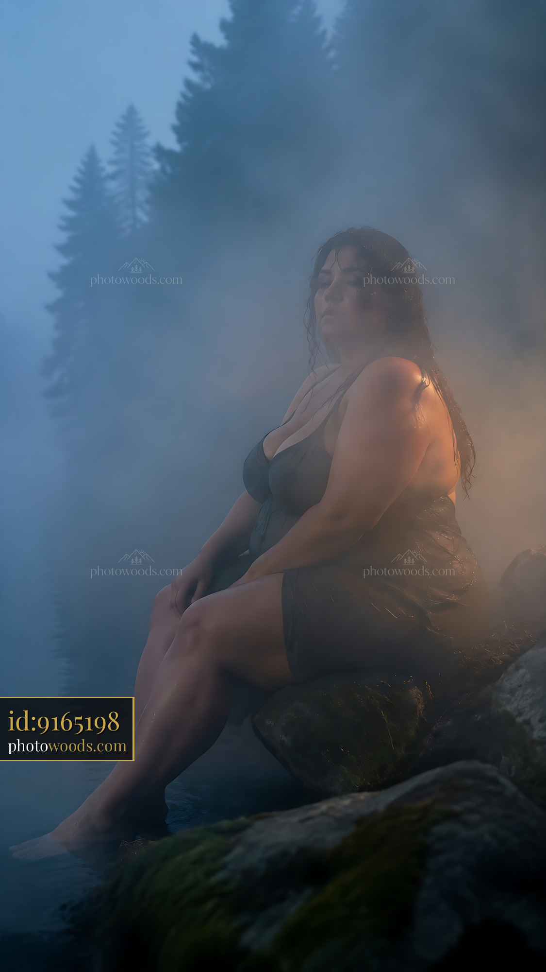 Woman Sitting on a Rock in Misty Water Surrounded by Trees