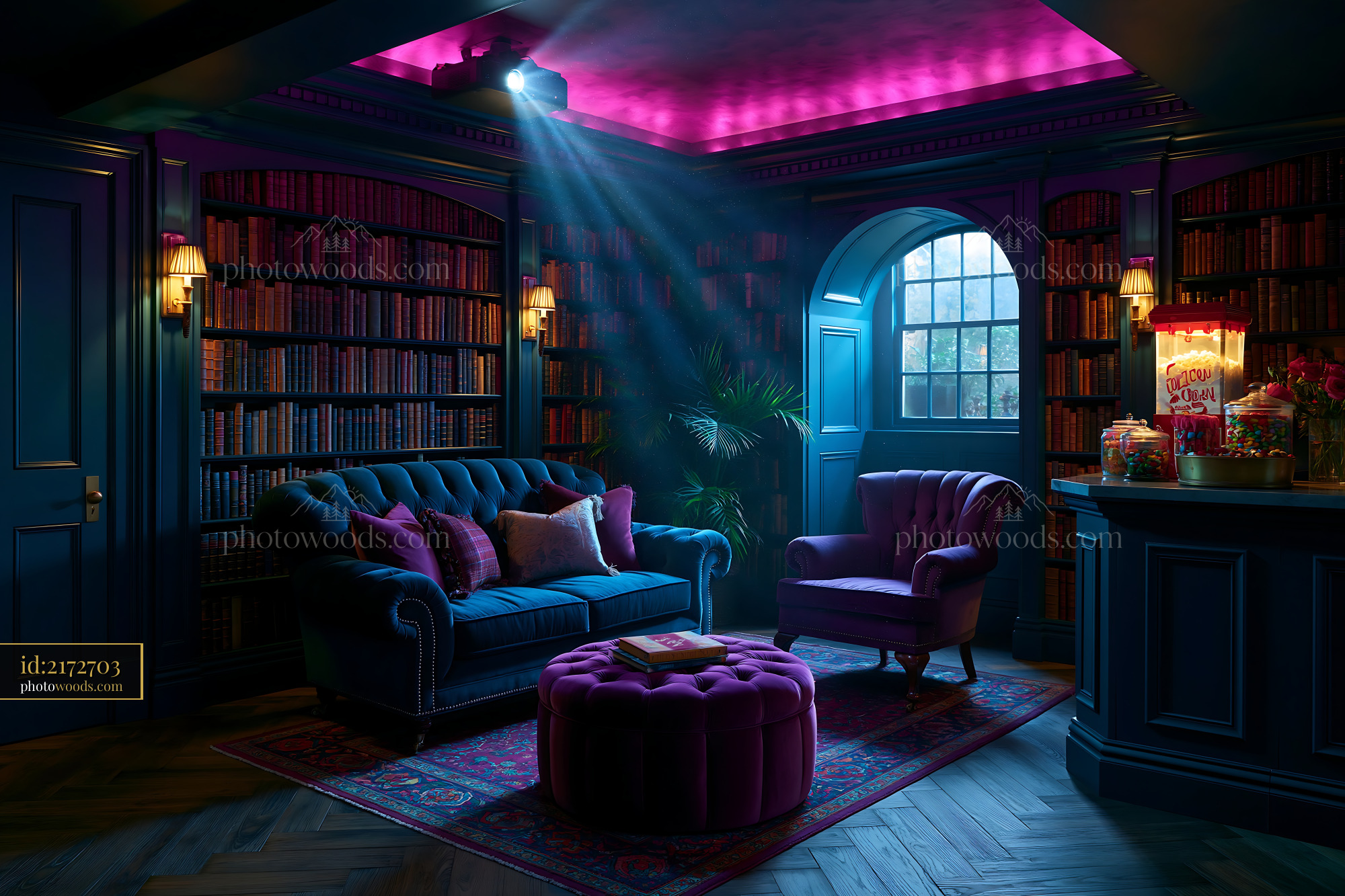 Basement Cinema With Bookshelves and Purple Lighting