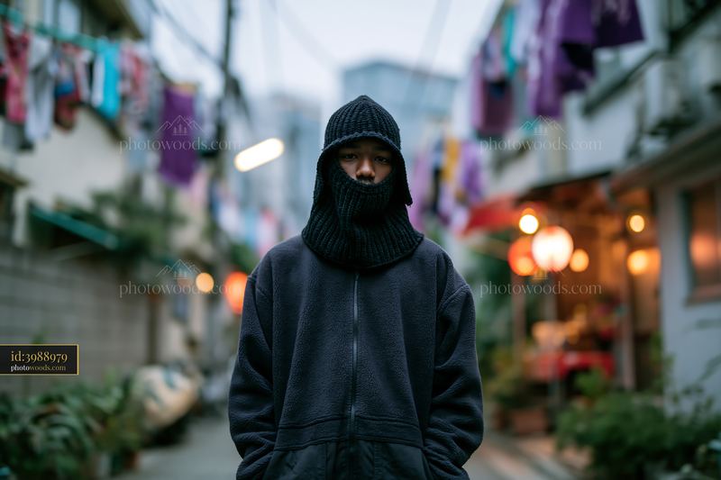 Young Man in Knitted Balaclava Standing in Urban Alley