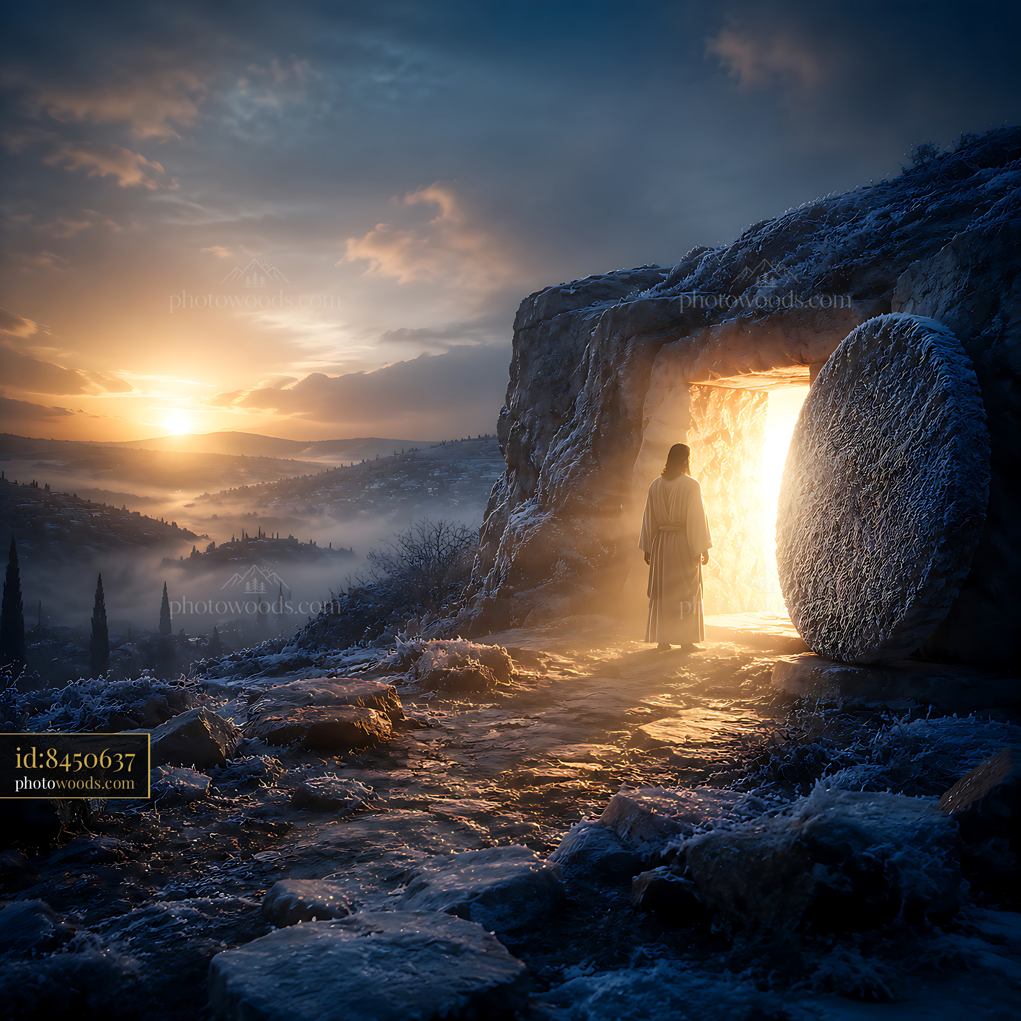 Man Standing at Cave Entrance During Sunrise in Snowy Landscape