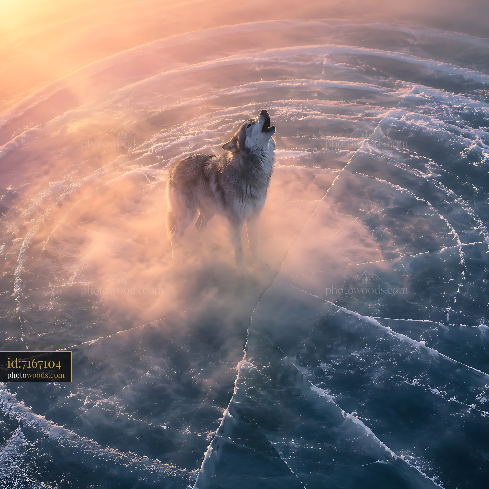 Wolf Howling on Icy Surface With Fog at Dawn