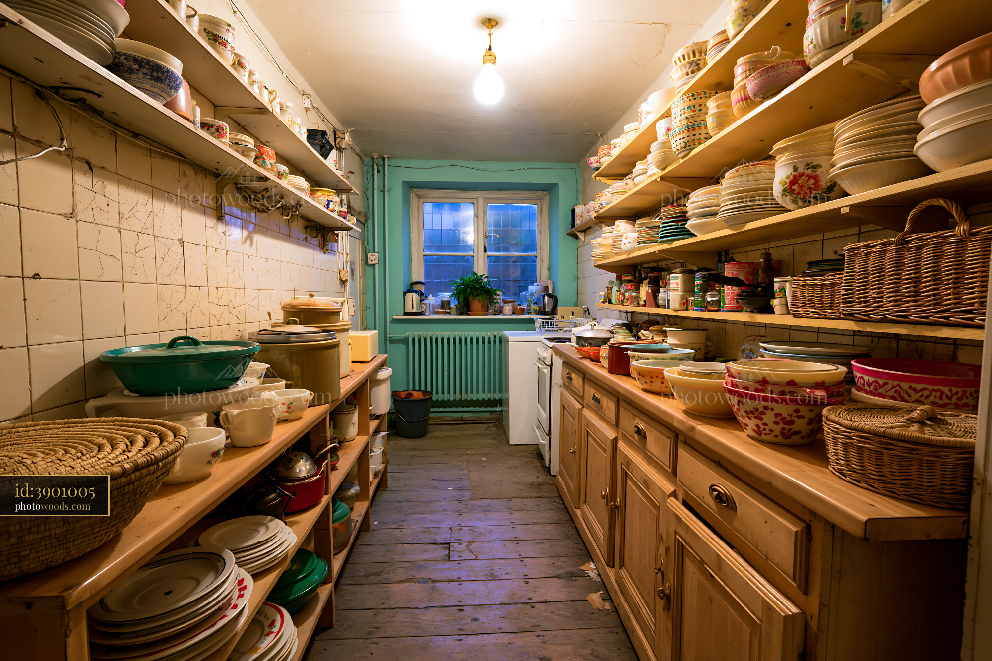 Cluttered Old Kitchen With Sagging Shelves and Various Dishes