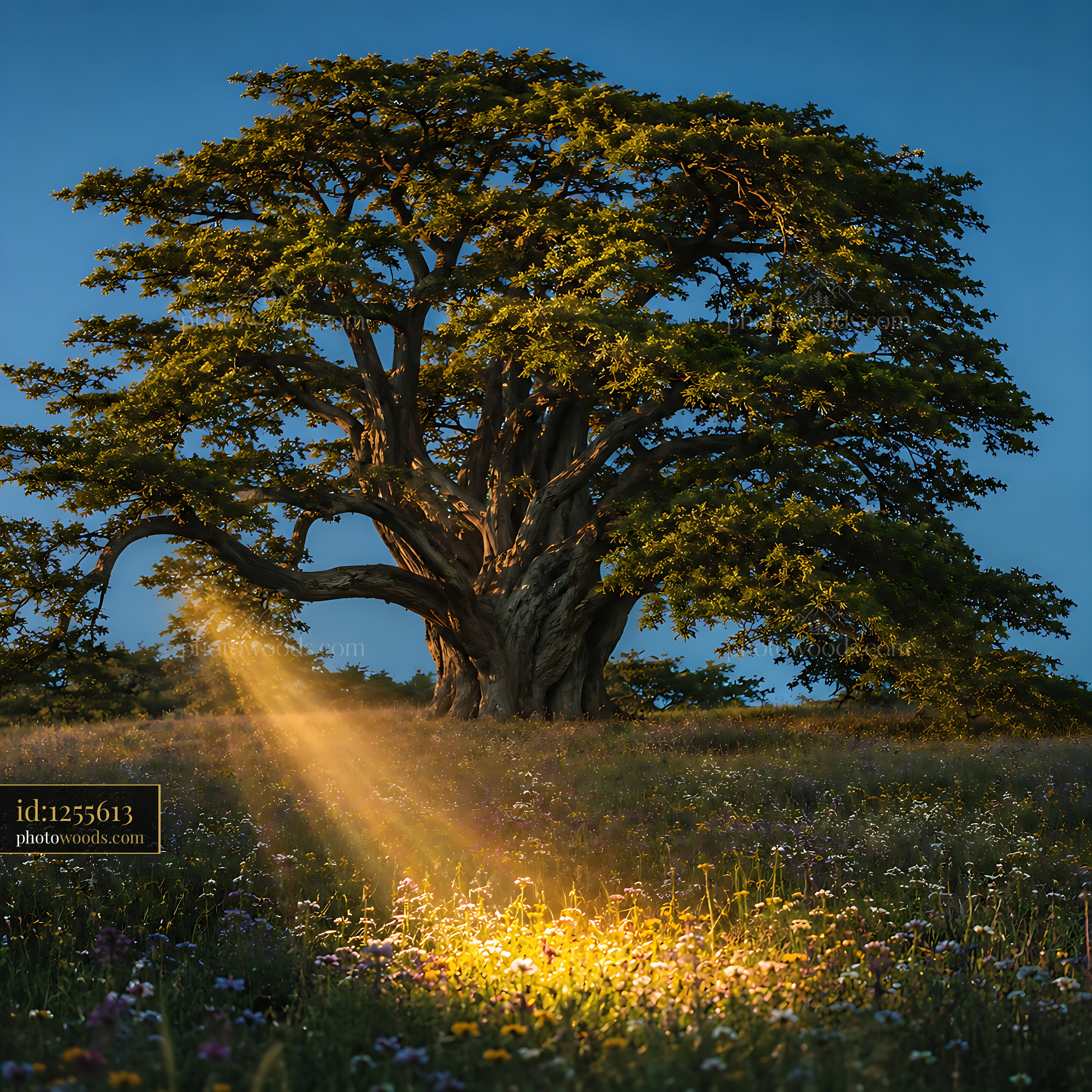 Tree Stands Tall in Field With Sunlight Illuminating Ground Below