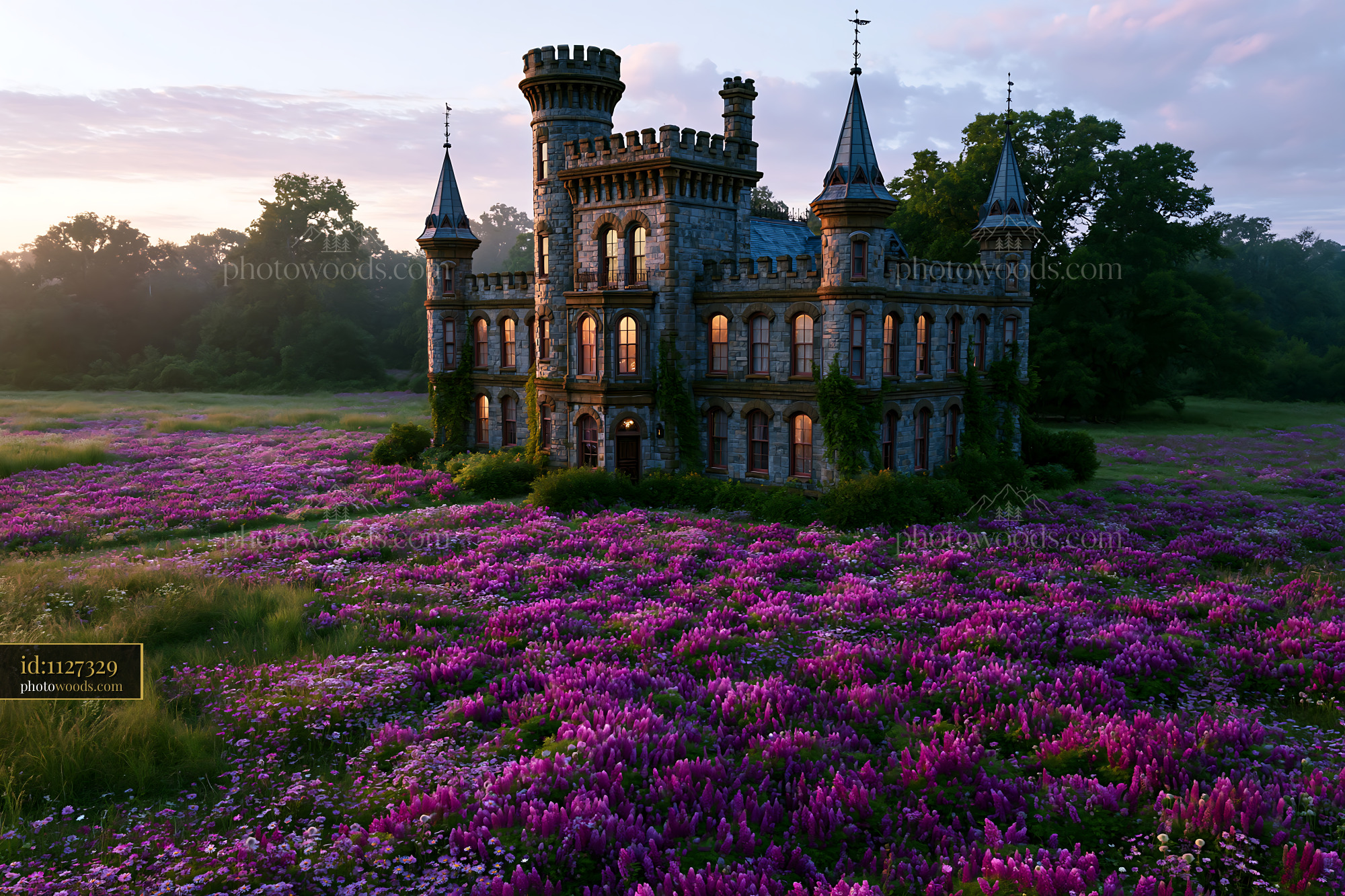 Castle Surrounded by Blooming Purple Flowers at Sunset