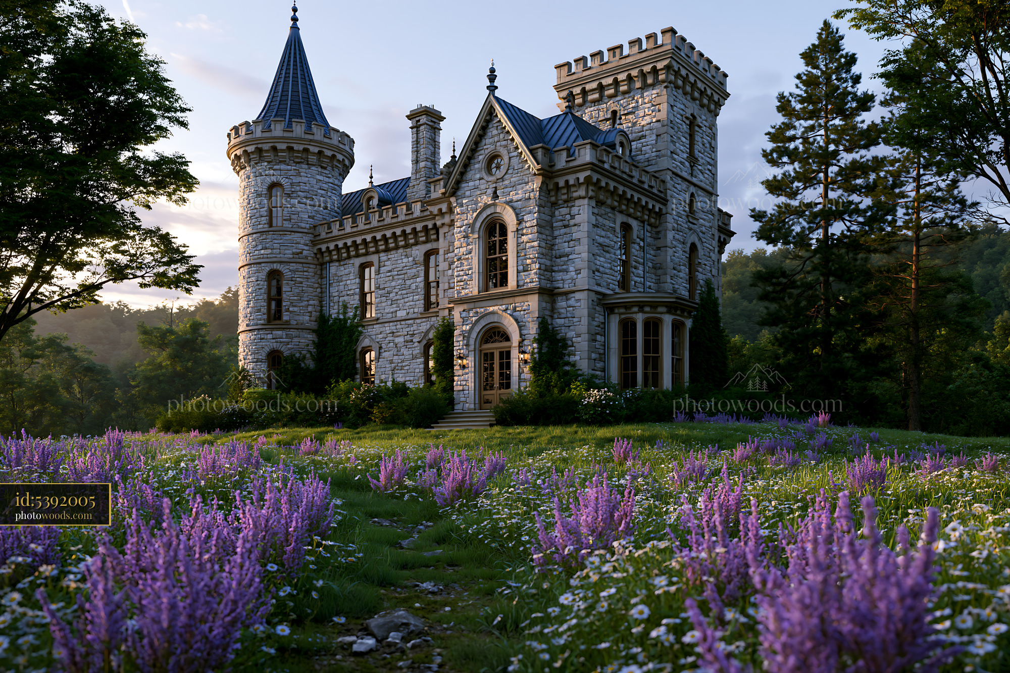 Castle During Sunset Surrounded by Purple Flowers