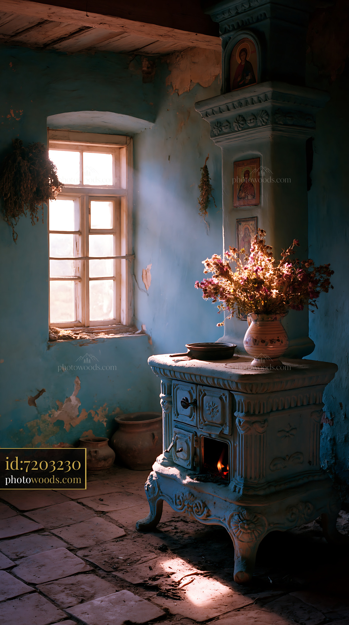 Clay Stove in a Rustic Village House Interior With Sunlight