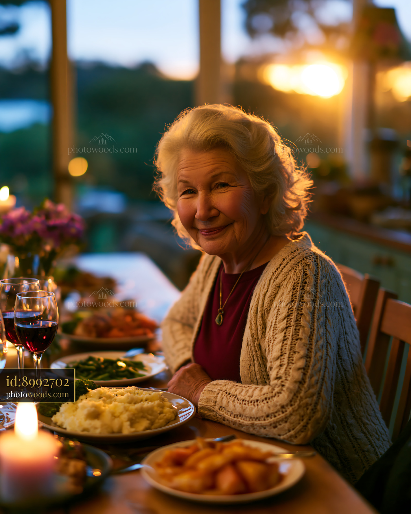 70 Year Old Woman Enjoying Dinner at Sunset With Family