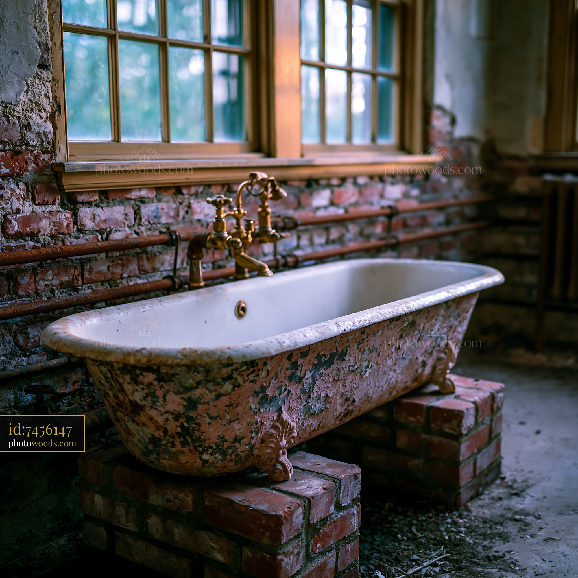 Grimy Communal Bathroom With Rusty Pipes and Vintage Bathtub