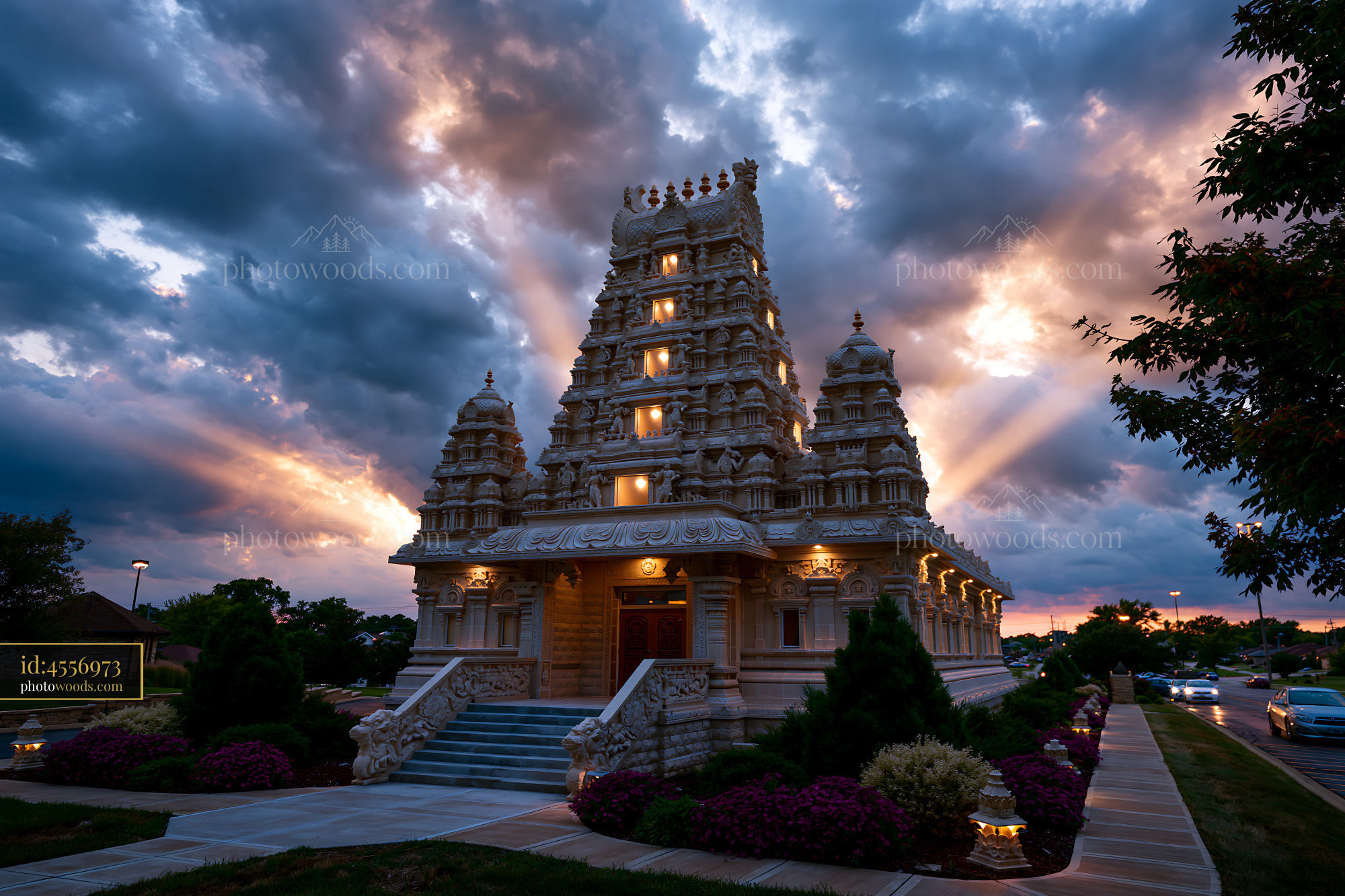 Hindu Temple at Sunset With Dramatic Clouds in Texas, USA