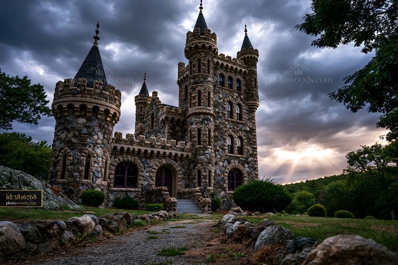 Stone castle with turrets beneath dramatic storm clouds
