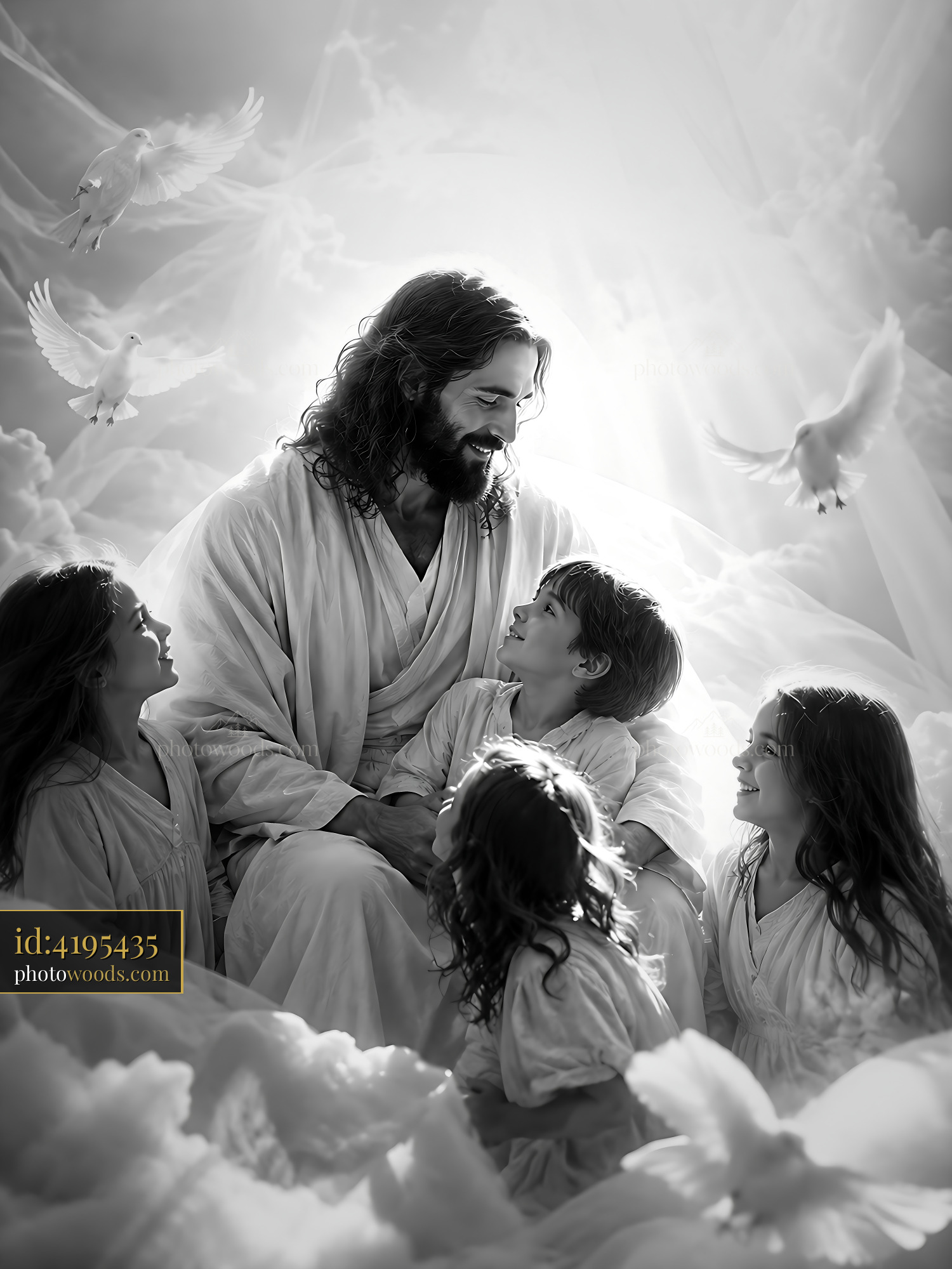 Jesus With Children Surrounded by Doves and Light in Soft Clouds