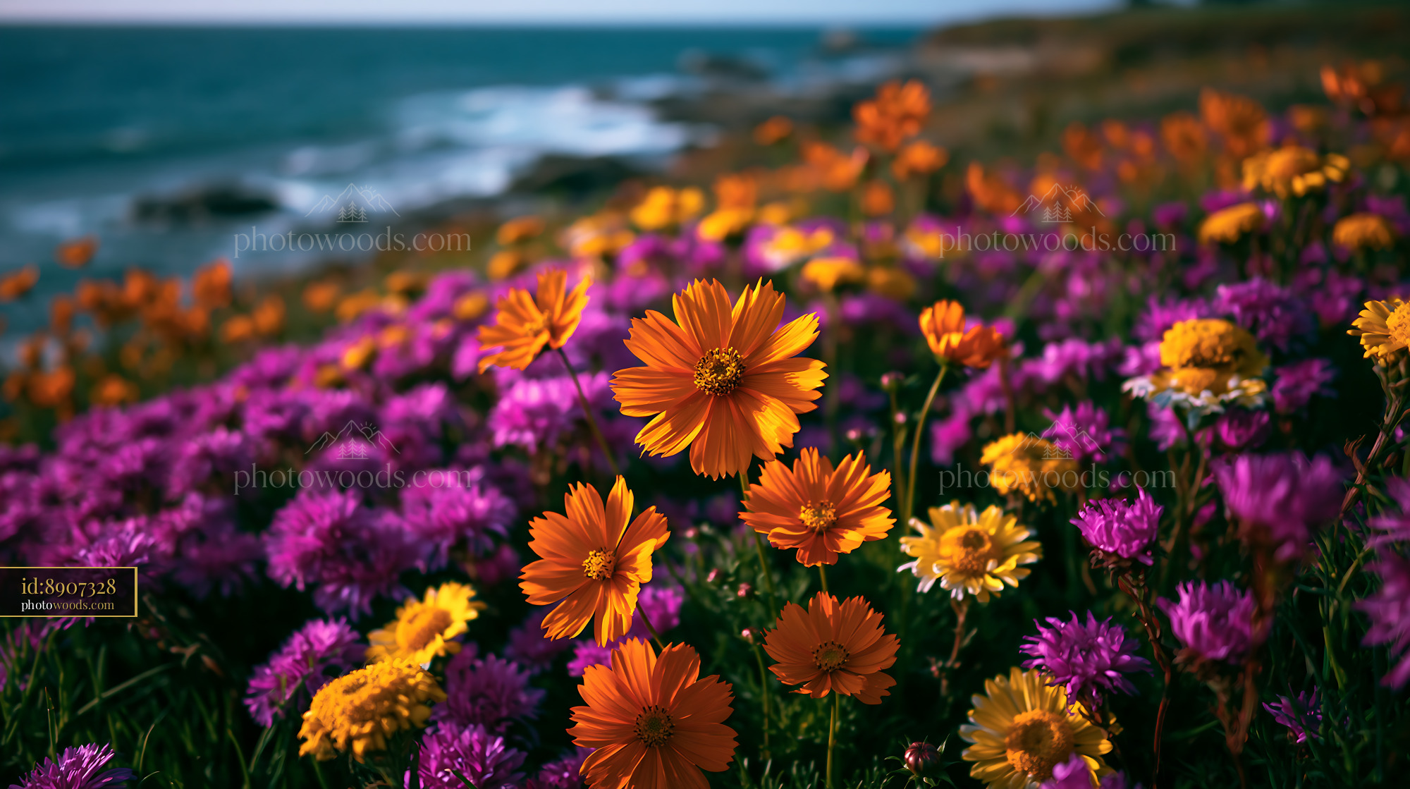 Colorful Flowers Growing by the Sea With Waves in the Background
