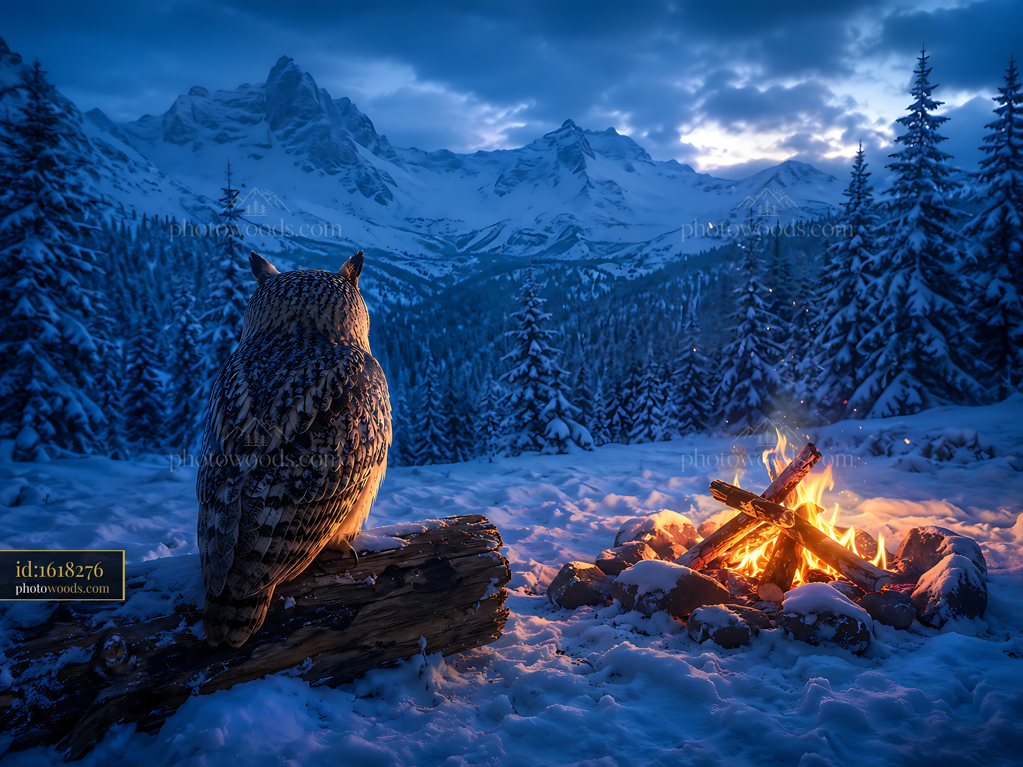 Owl Watches Over a Snowy Forest With a Campfire at Dusk