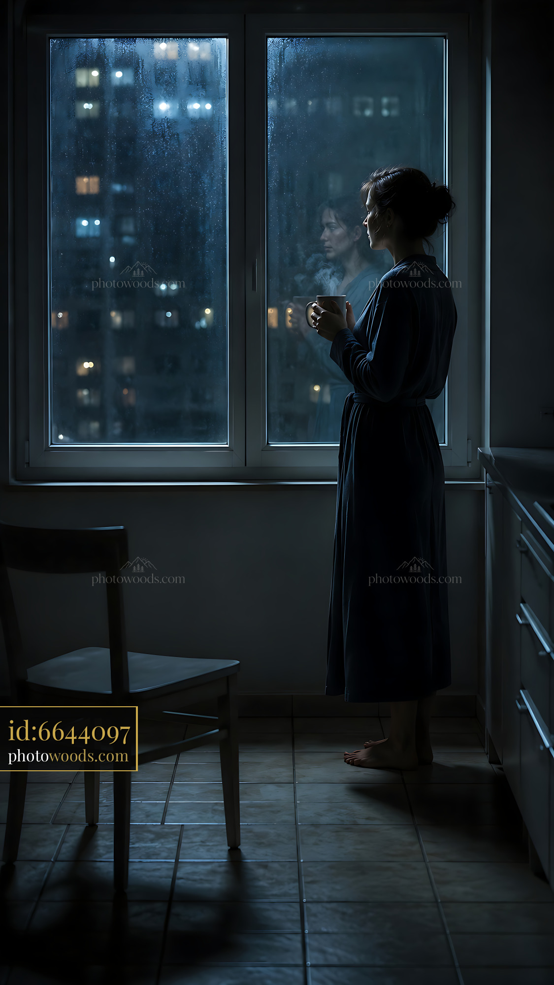 Woman Standing by Window Looking Outside at Night With Smoke