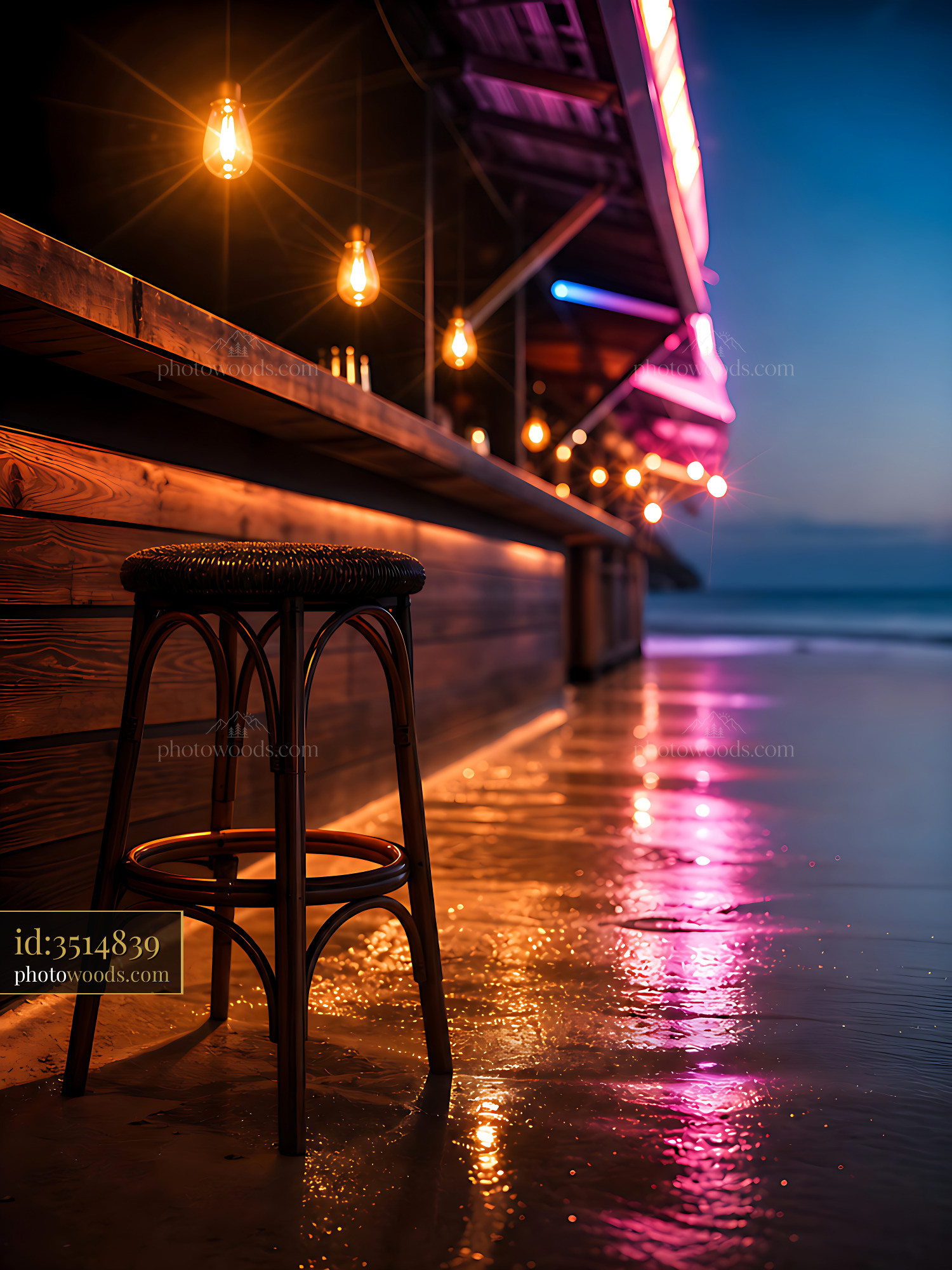 Stool Stands Near a Bar at Sunset Along the Beach Shore