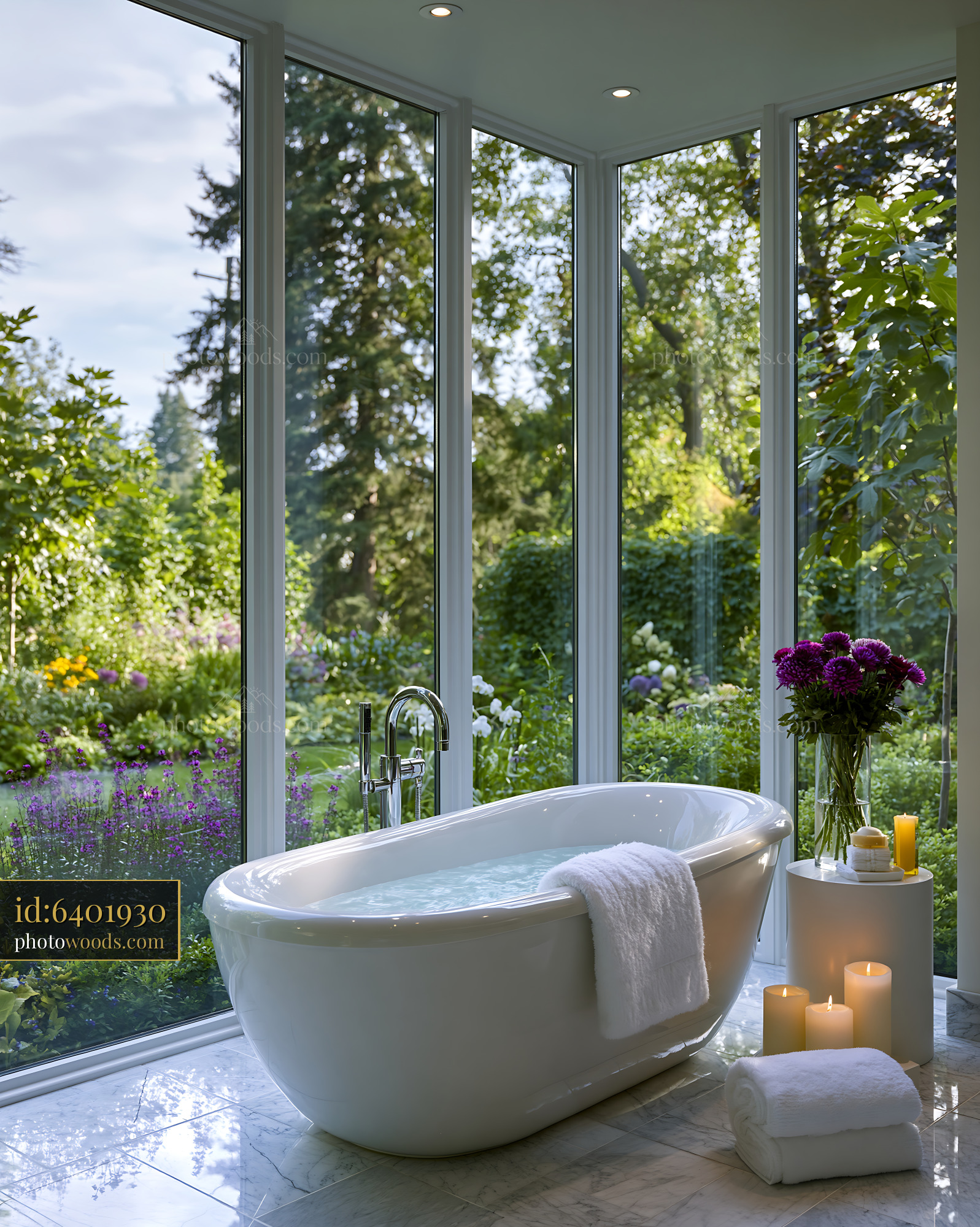 Garden View Bathroom With Freestanding Tub and Natural Light