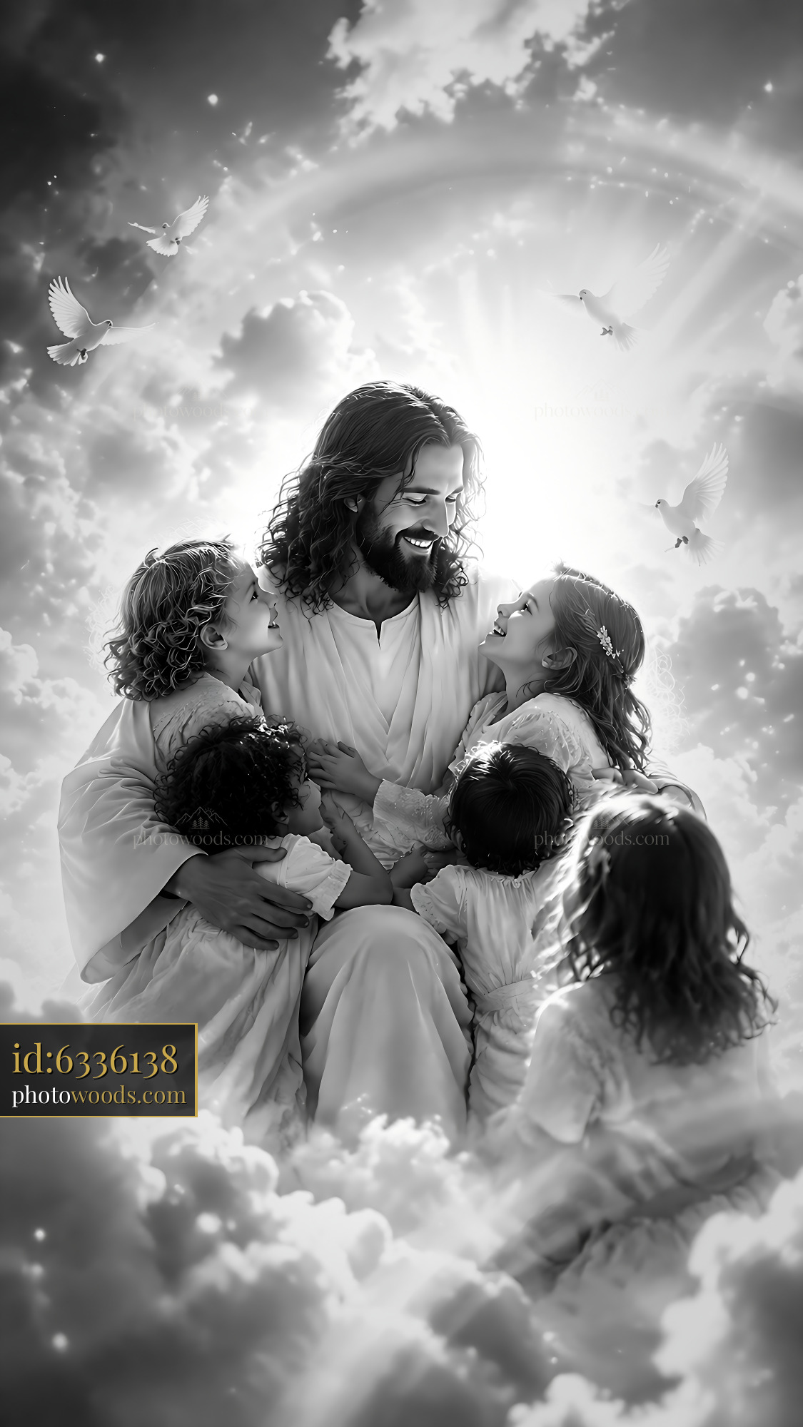 Jesus Smiling With Children in Clouds Surrounded by Doves