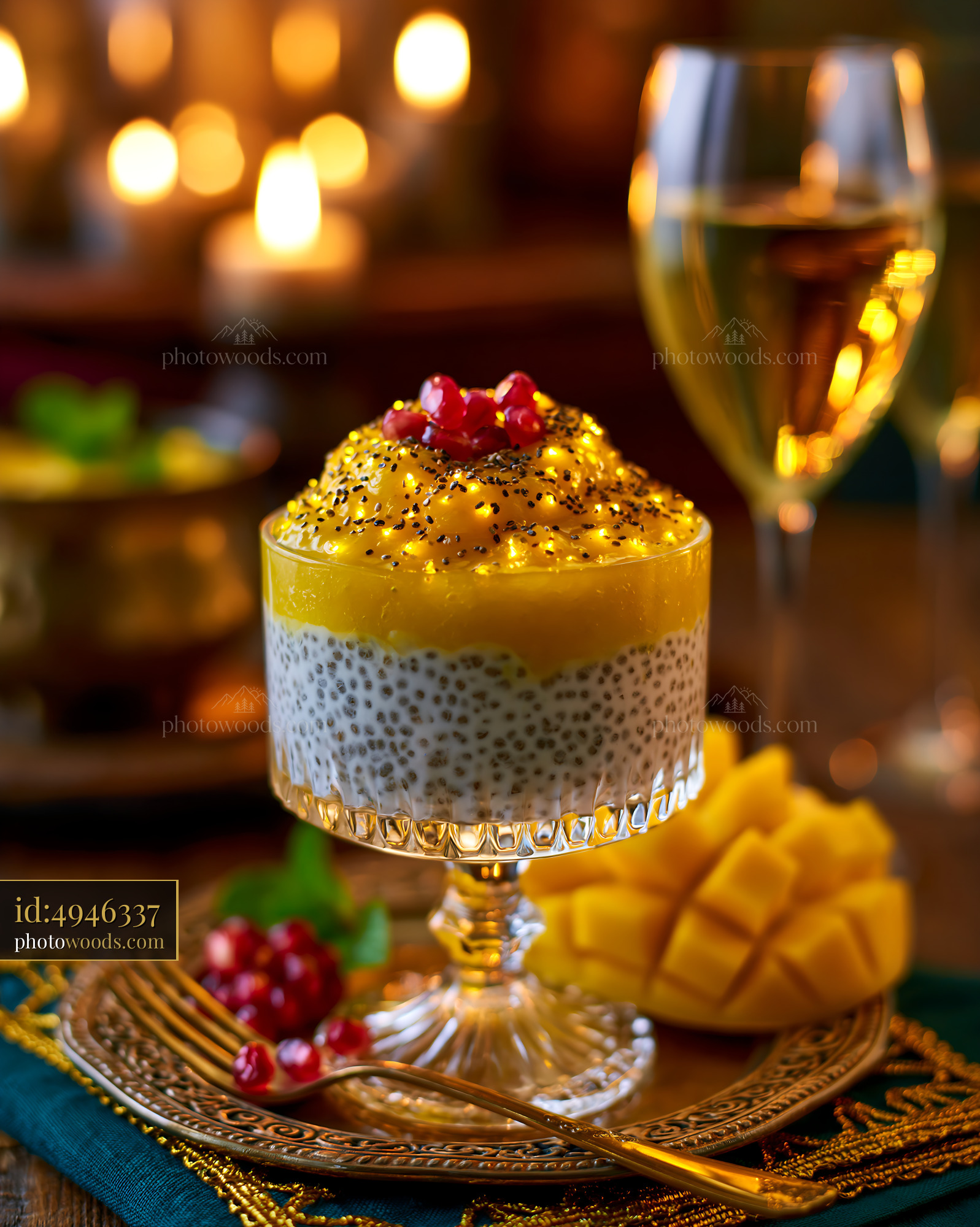 Chia Pudding With Mango Puree and Pomegranate Seeds Served Elegantly