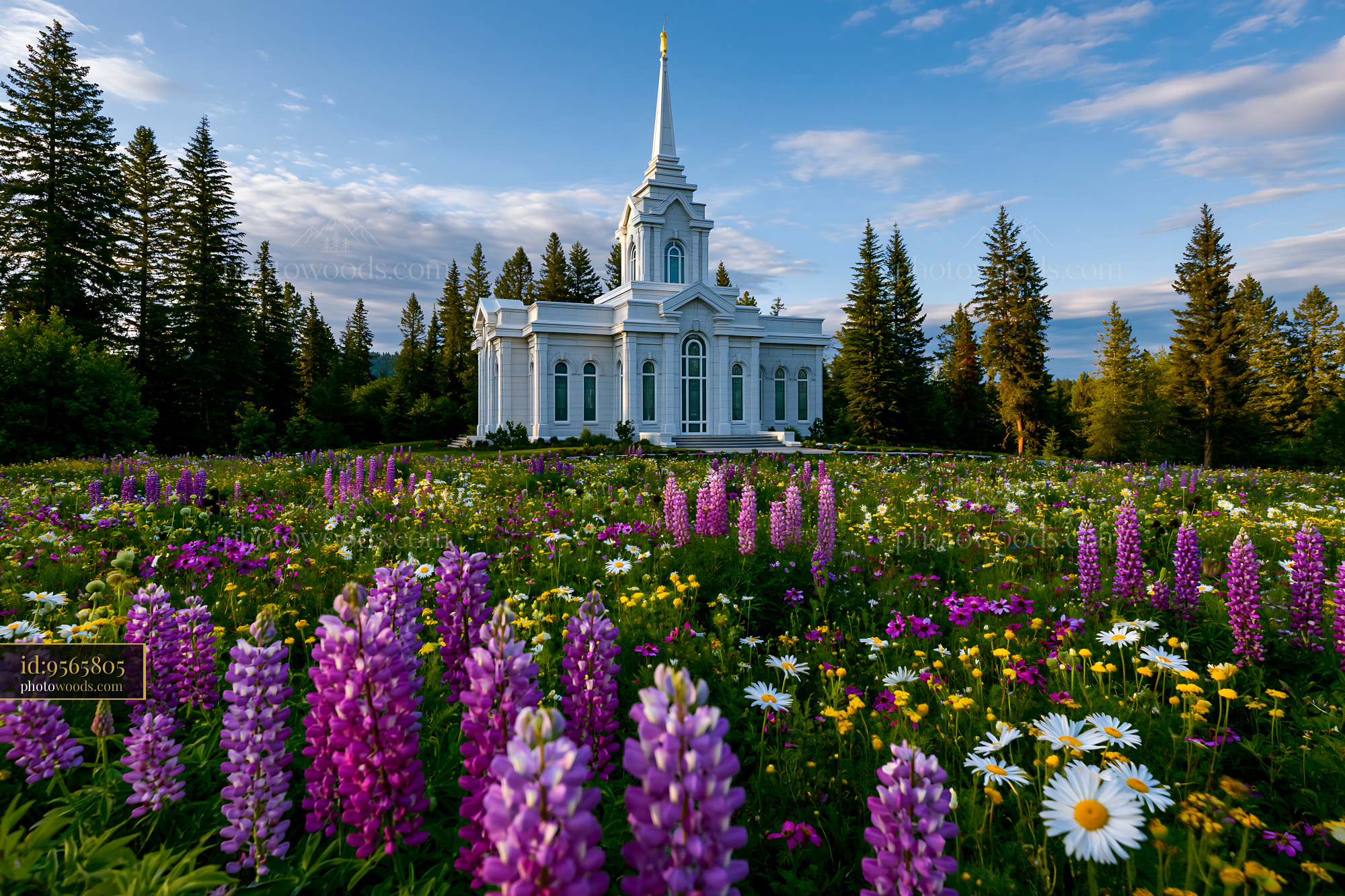 Lupine Flowers in Bloom With Coeur D'alene Temple in Idaho