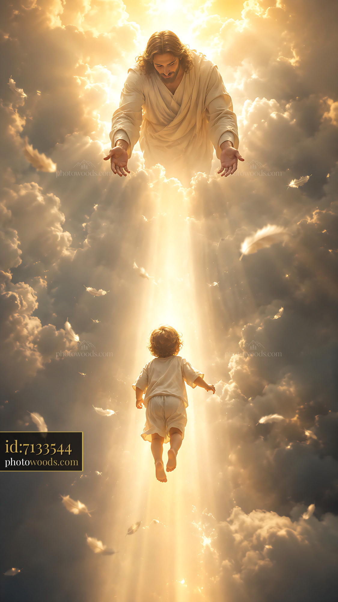 Jesus Reaching out to a Child From the Clouds With Light Shining Down