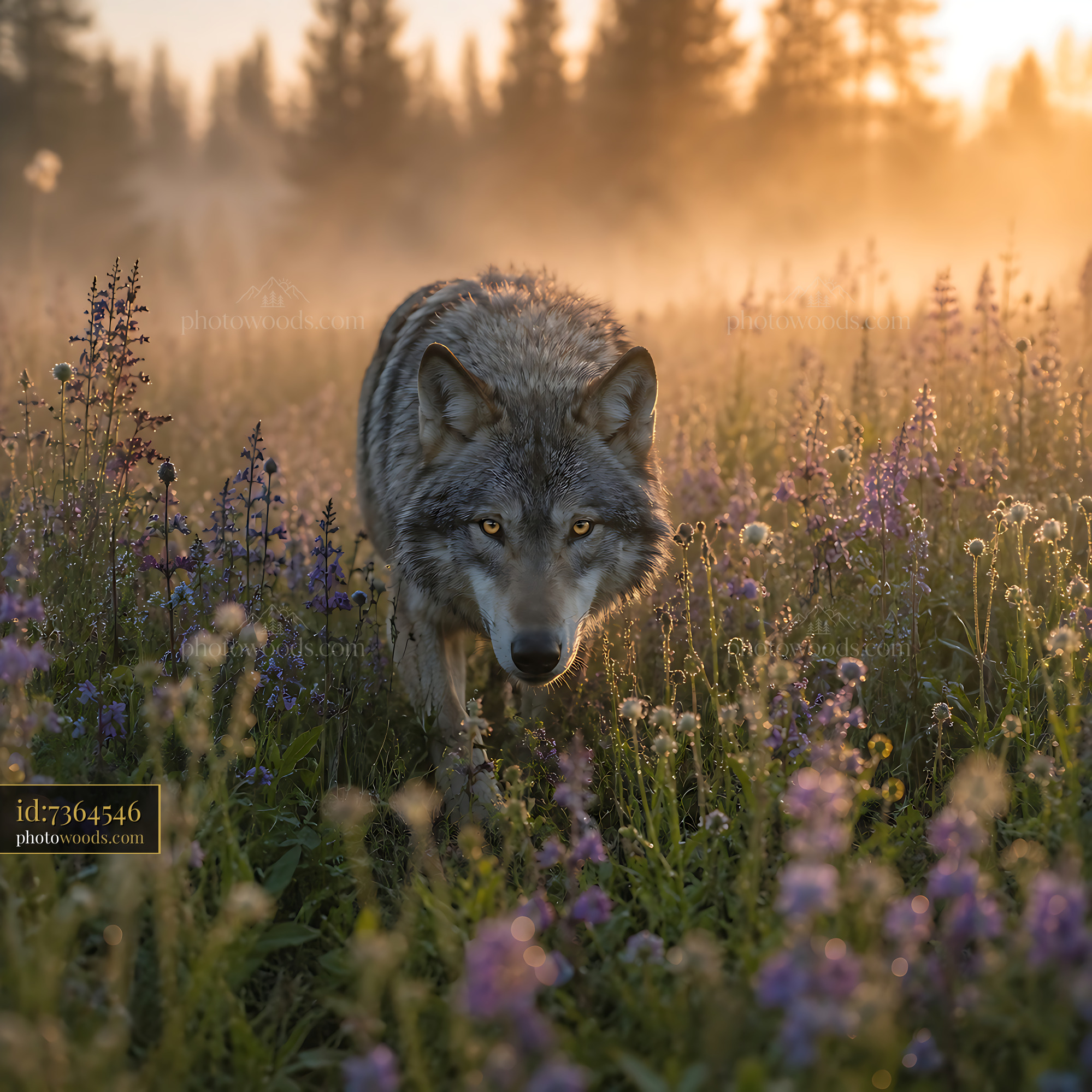 Wolf Walks Through Flowers in a Misty Forest at Sunrise