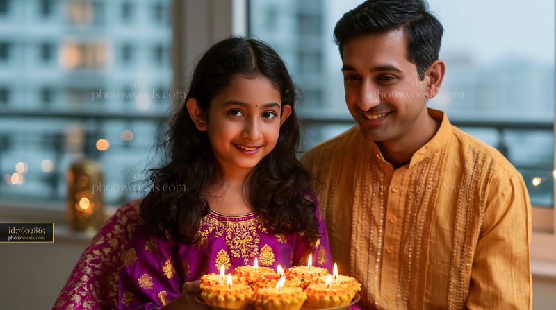 Family Celebrating Diwali With Candles at Home