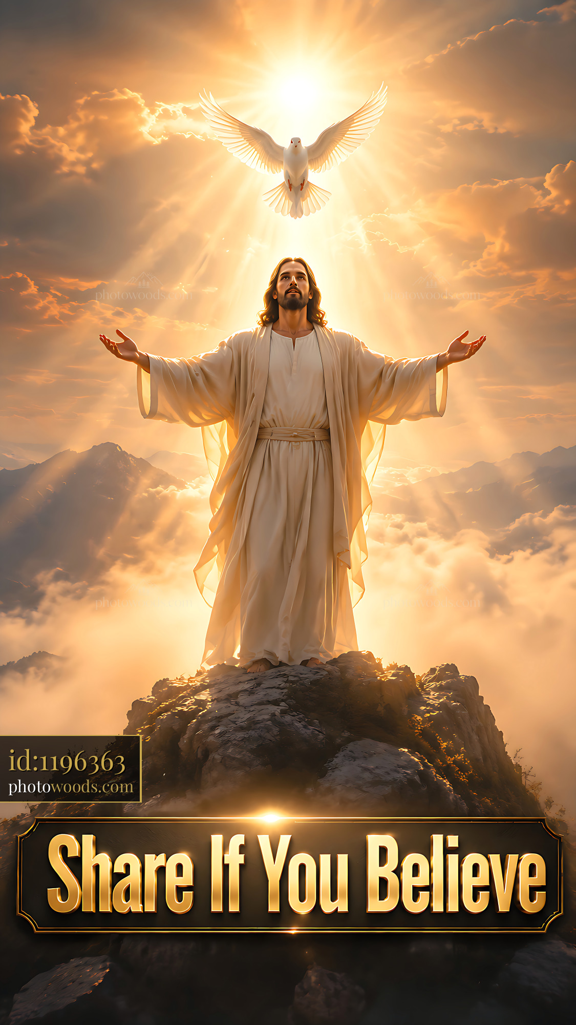 Jesus Stands on a Mountain With Arms Raised Towards the Sky