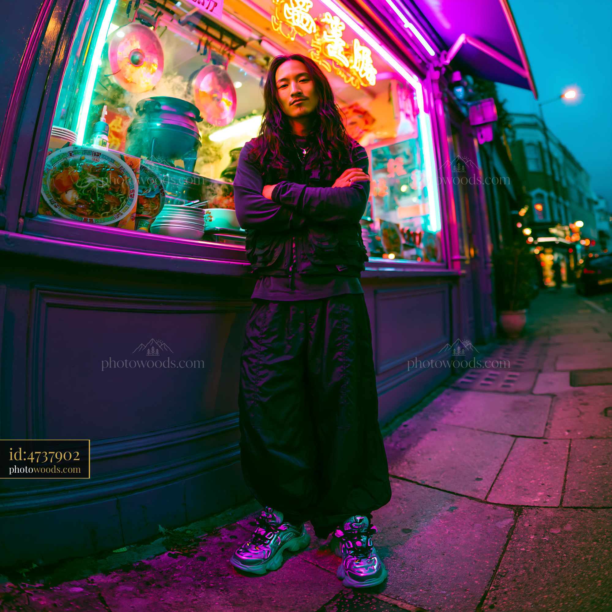 Man in Tactical Vest Standing Outside Neon-Lit Restaurant in City