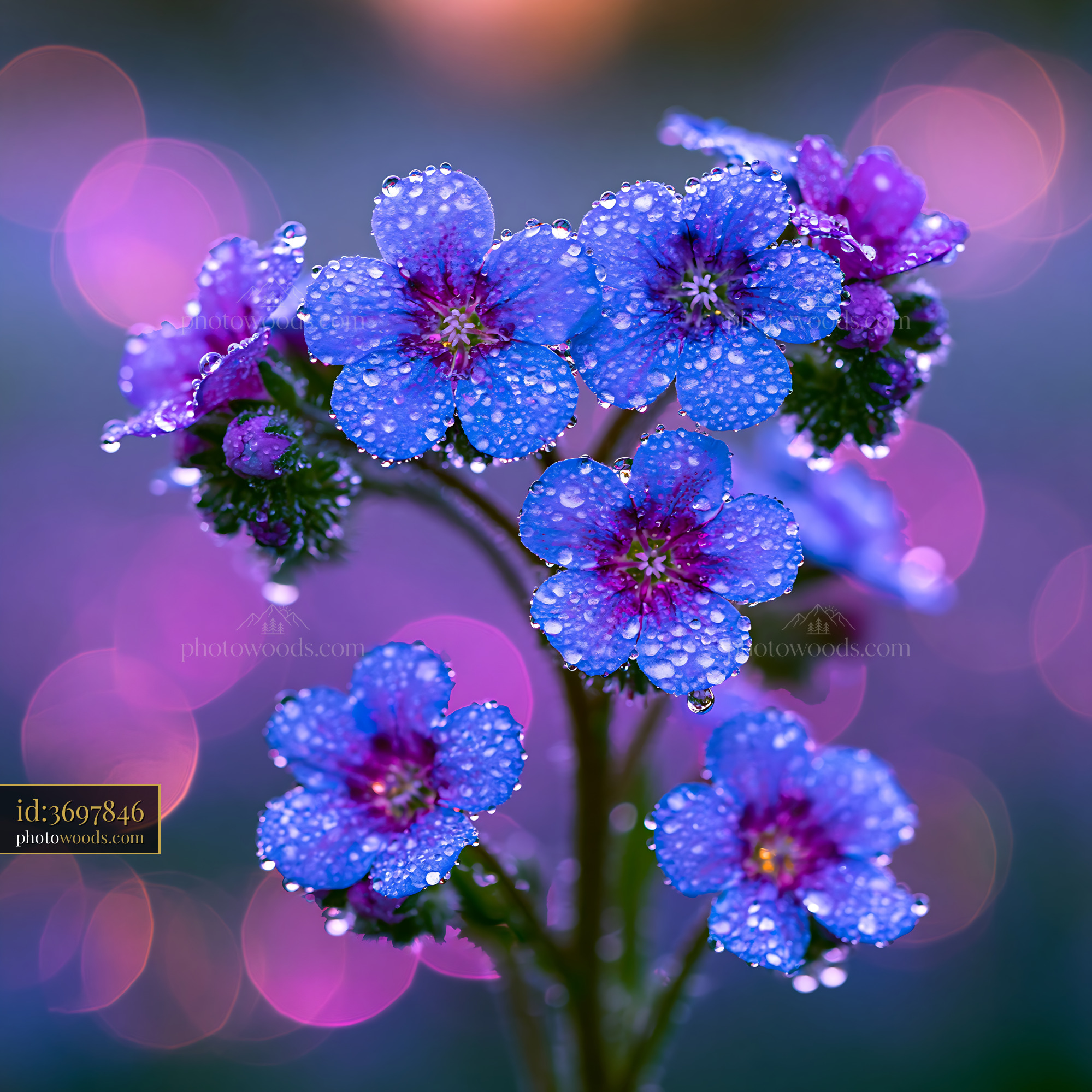 Blue Flowers With Water Droplets in a Blurred Background