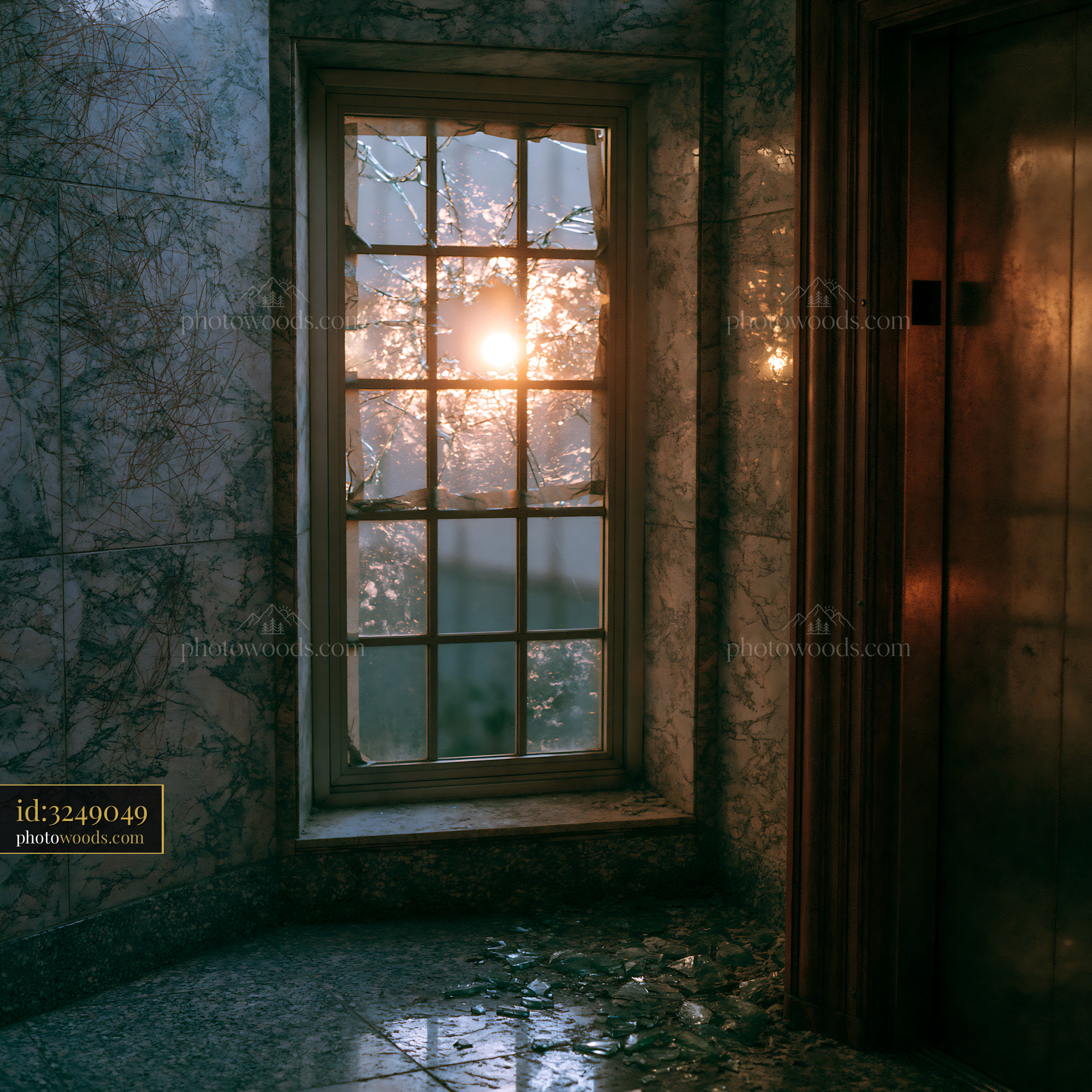 Shabby Elevator Lobby With Broken Window and Sunset Light