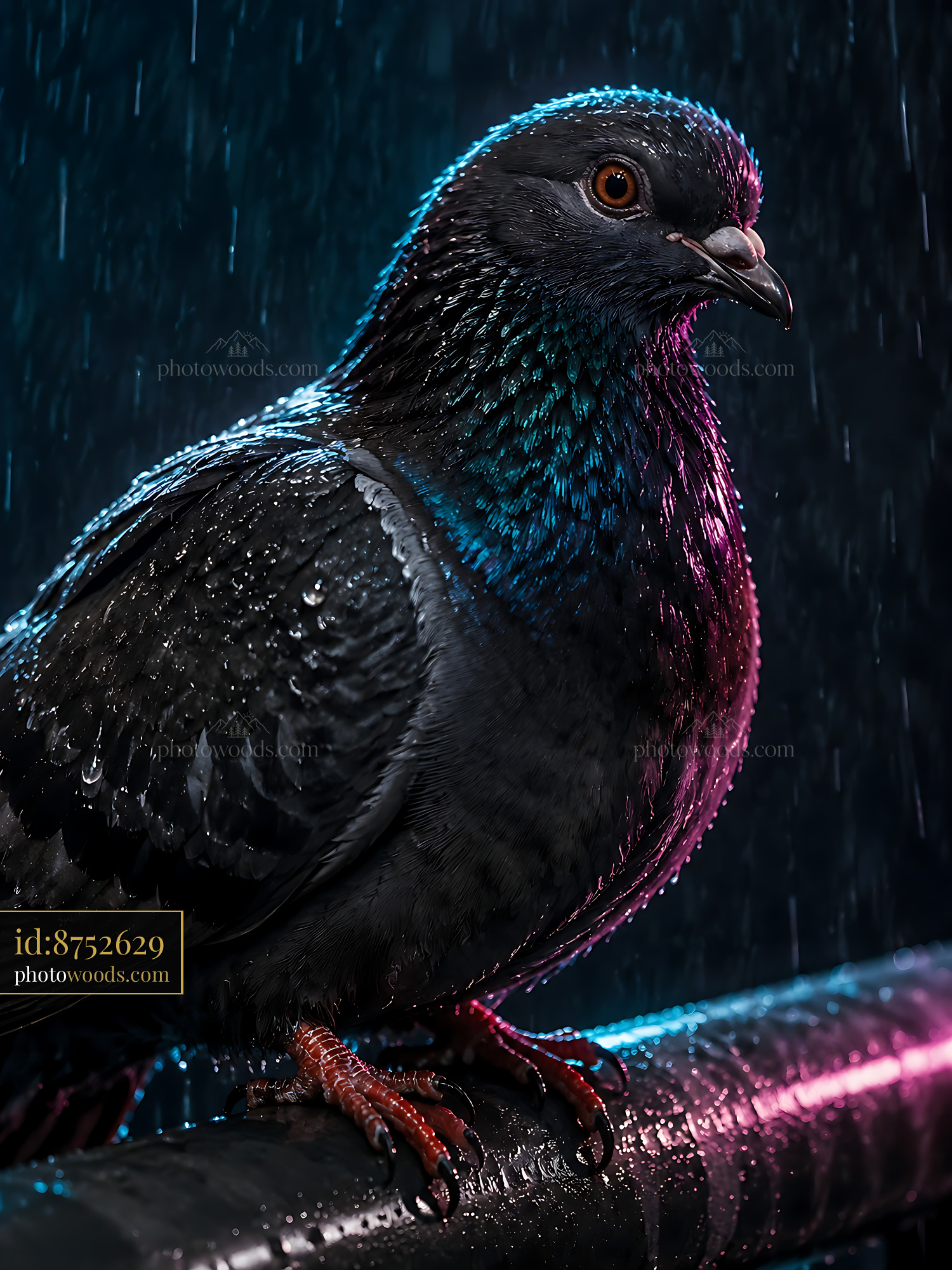 Pigeon Standing on a Pipe in Rain With Colorful Lighting Effects