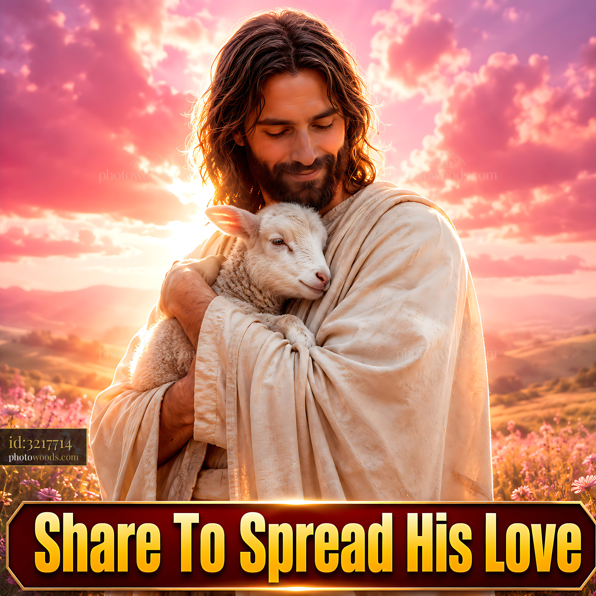 Man Holds Sheep in Sunset Light Surrounded by Hills and Flowers