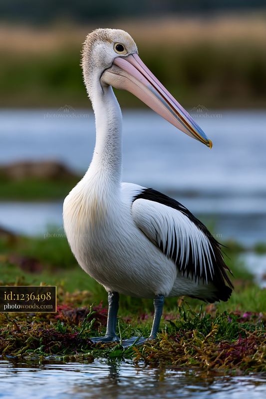 Australian pelican standing beside a coastal lagoon