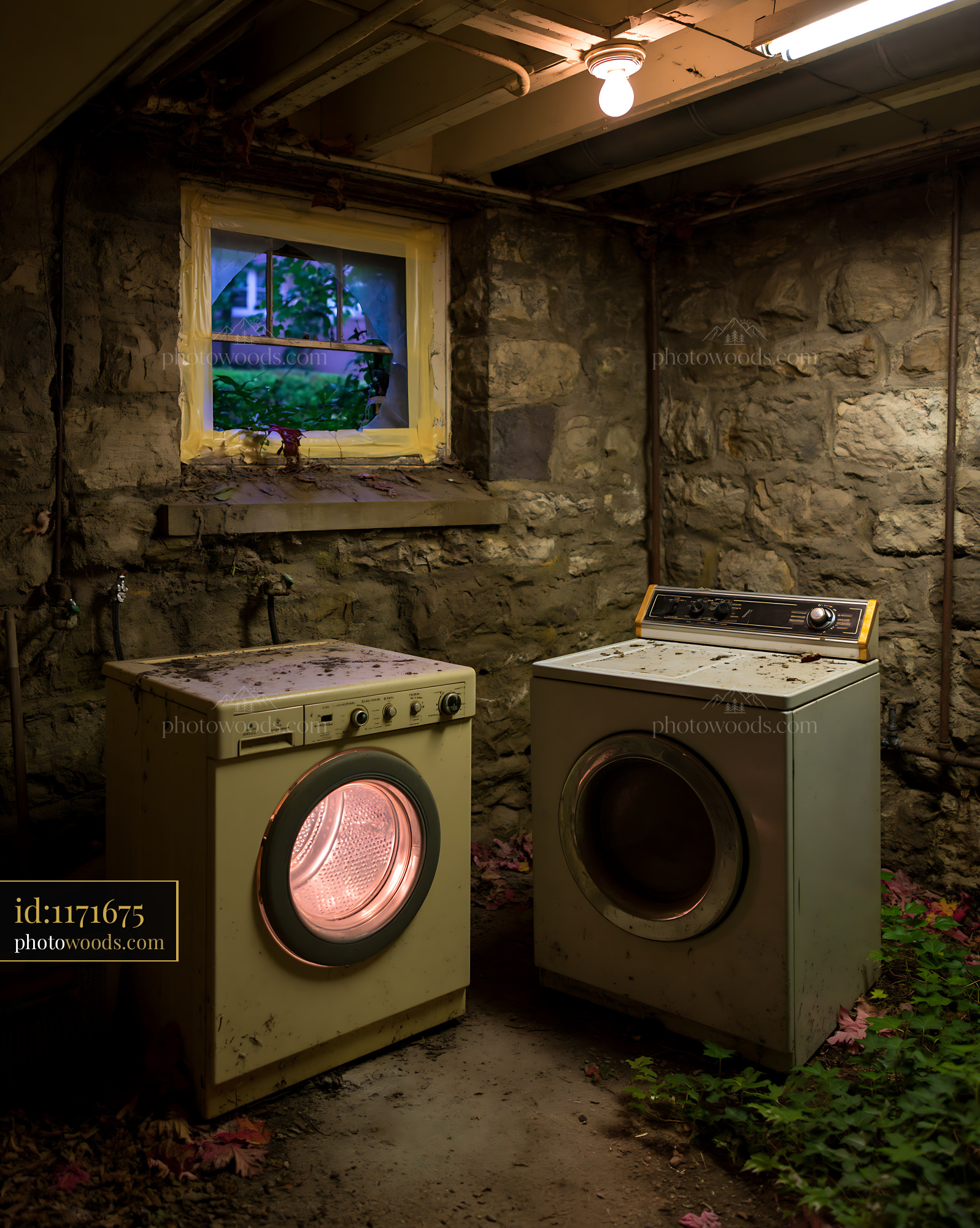 Neglected Basement Laundry Room With Broken Appliances and Dirt