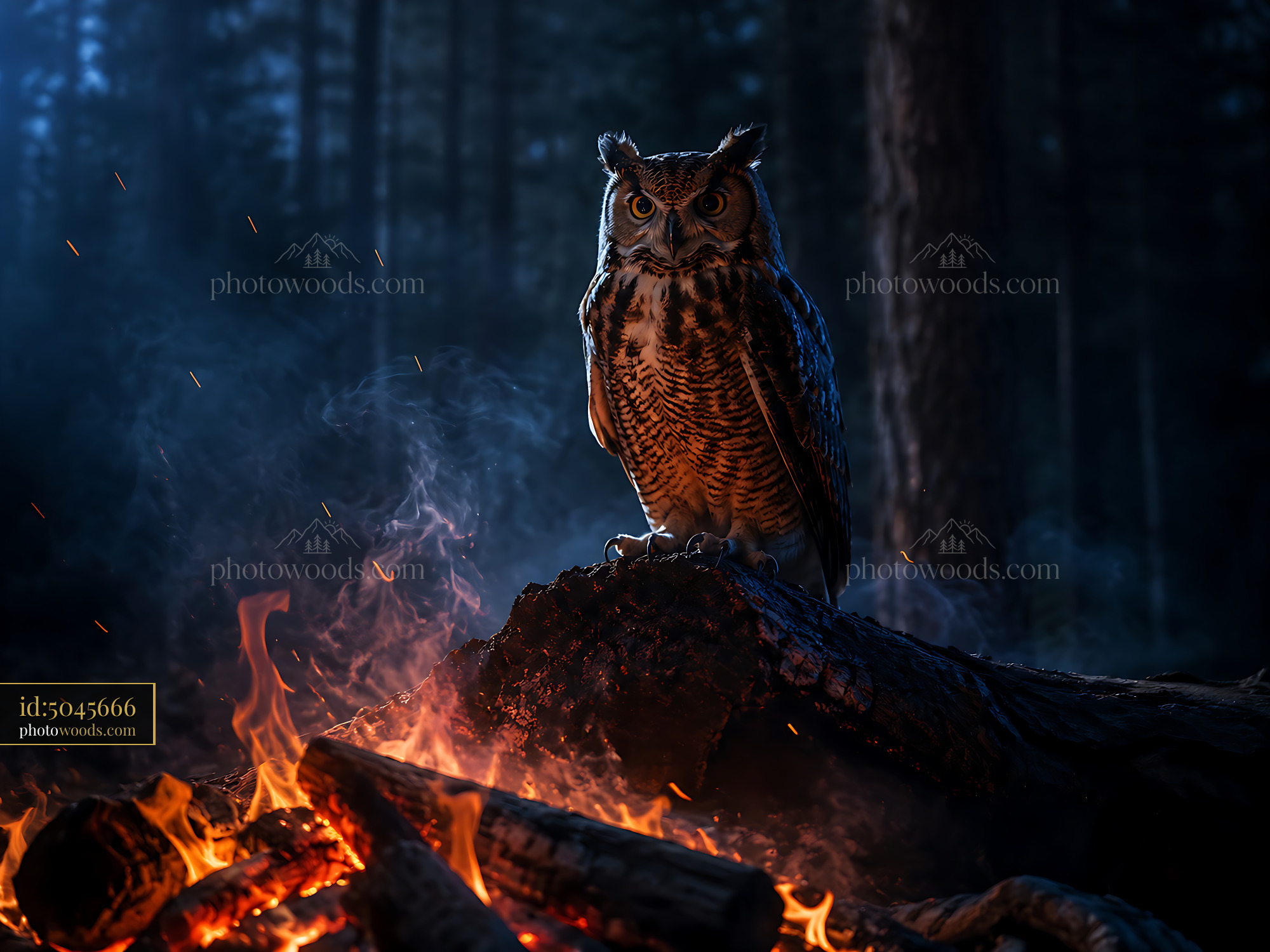 Owl Stands on Log Near Fire in Dark Forest at Night