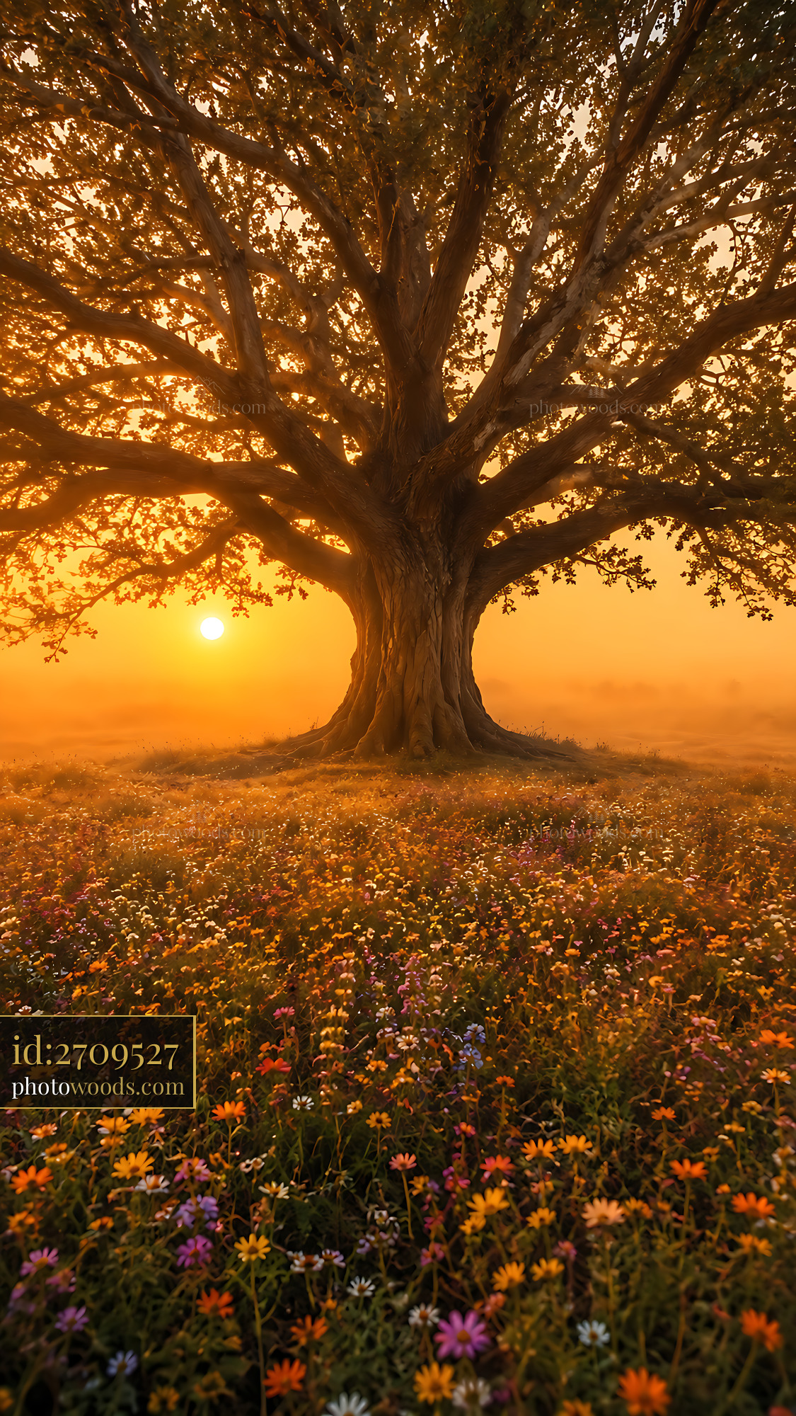 Tree Stands Among Flowers at Sunset in Calm Meadow