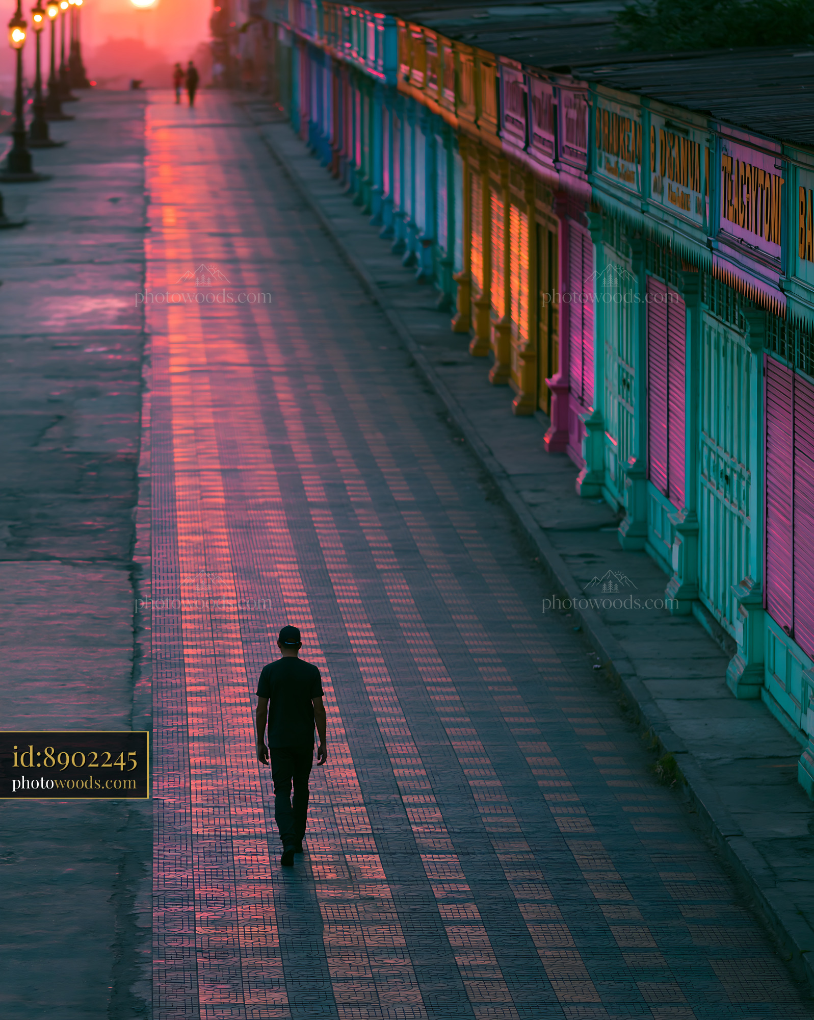 Man Walking on Empty Street With Colorful Buildings at Sunset