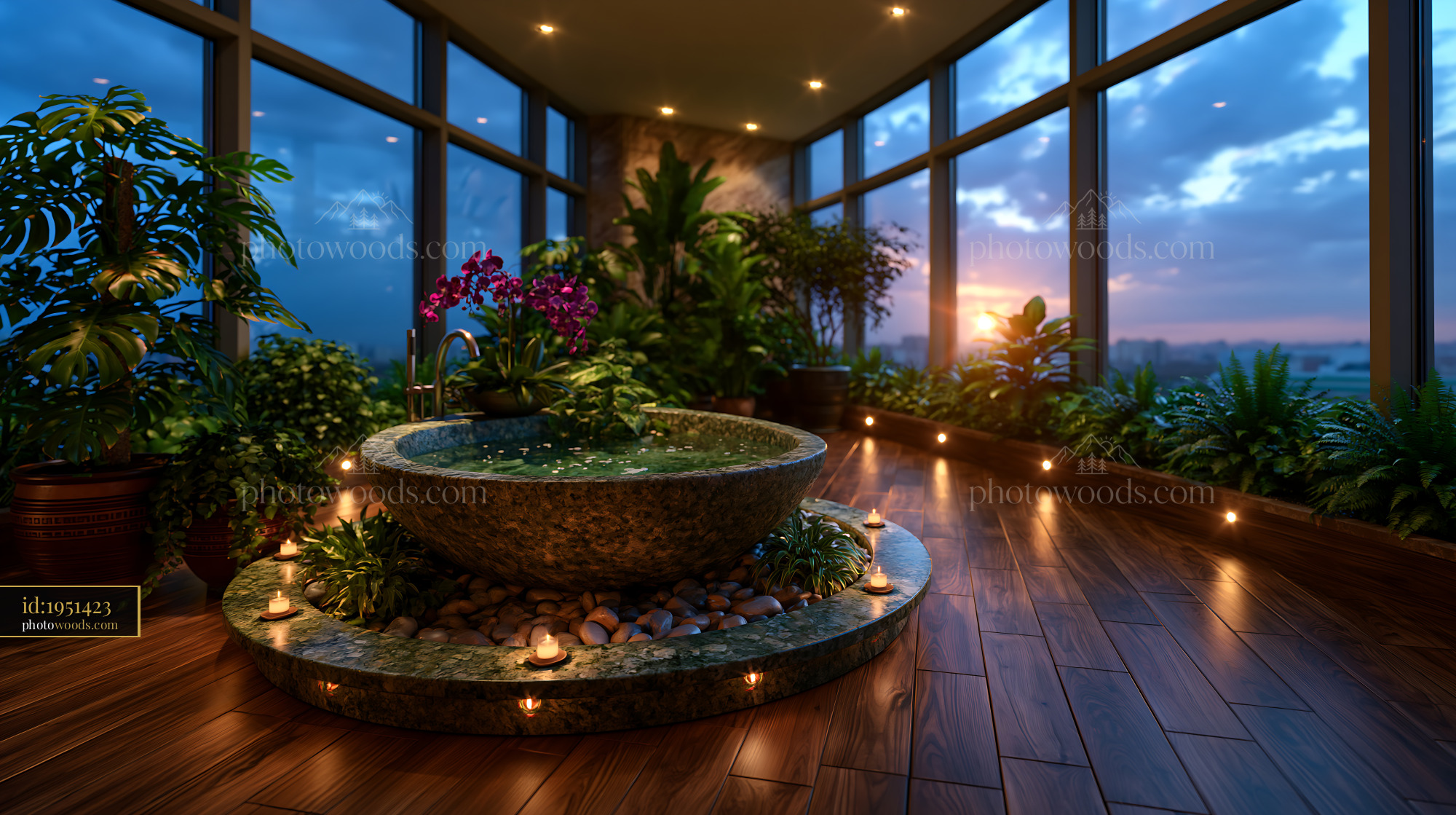 Luxury Bathroom With Freestanding Stone Tub at Sunset