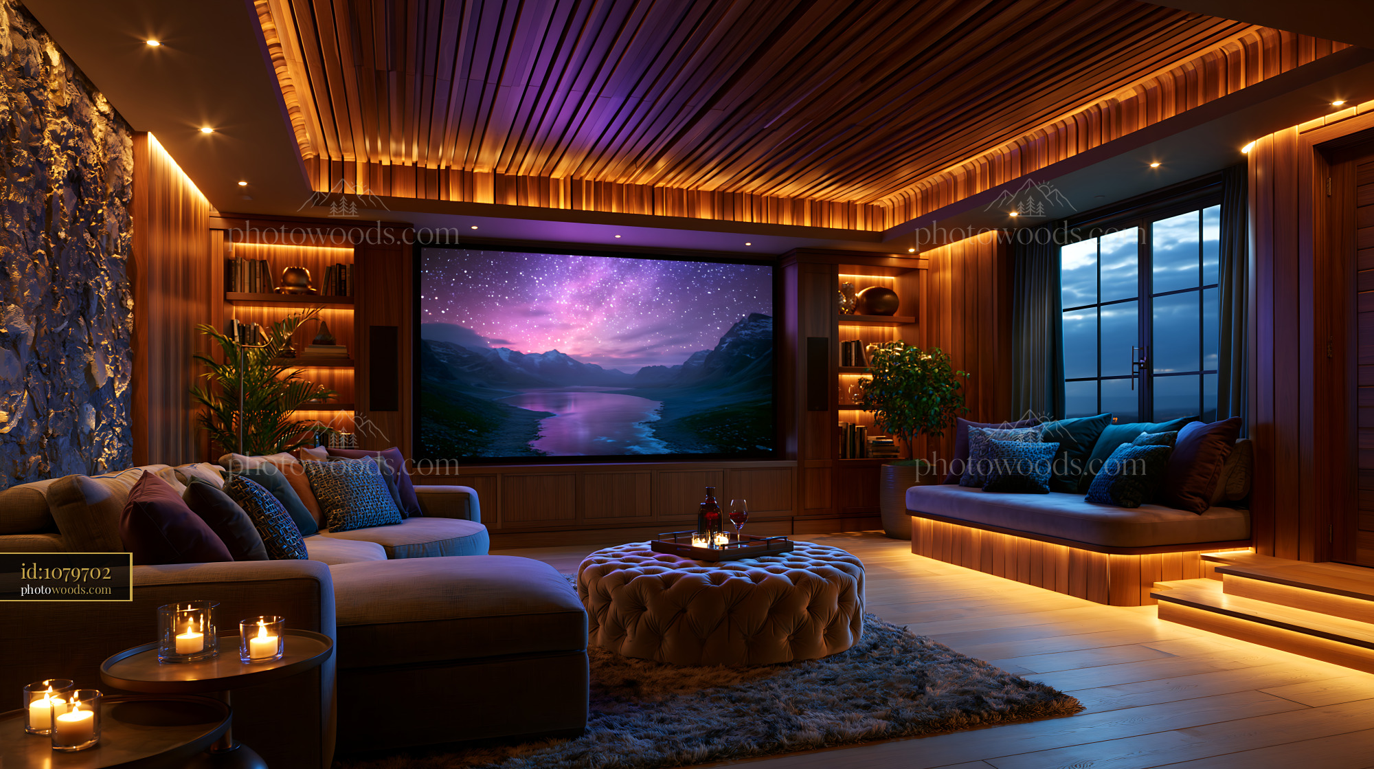 High End Basement Screening Room With Large Screen and Cozy Seating