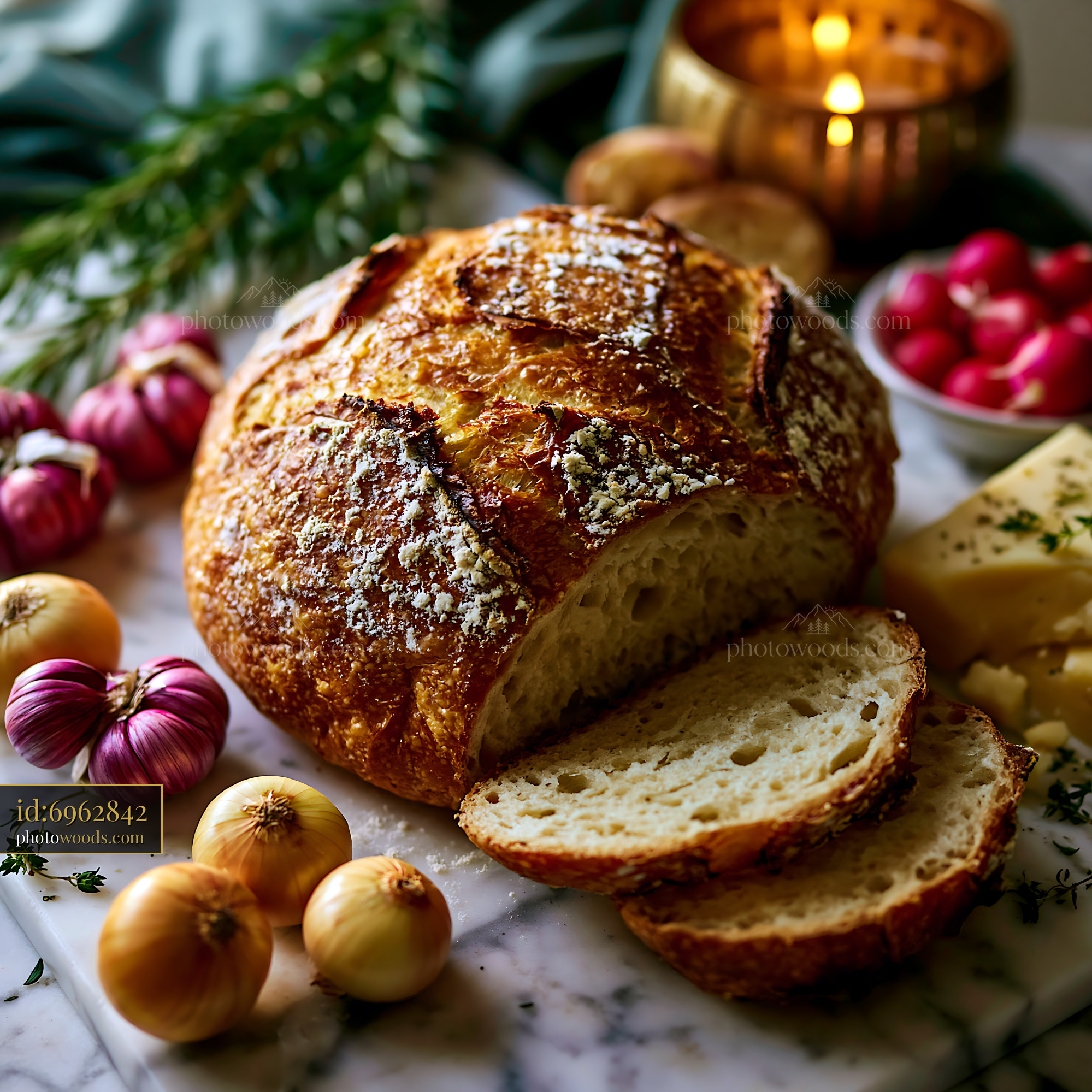 Sourdough Loaf With Assorted Ingredients on a Marble Surface