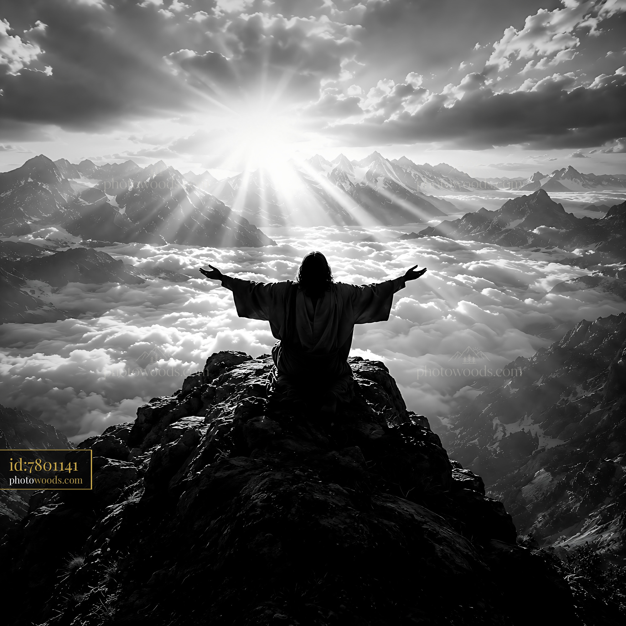 Person on Mountain With Arms Raised Towards Sunlit Sky