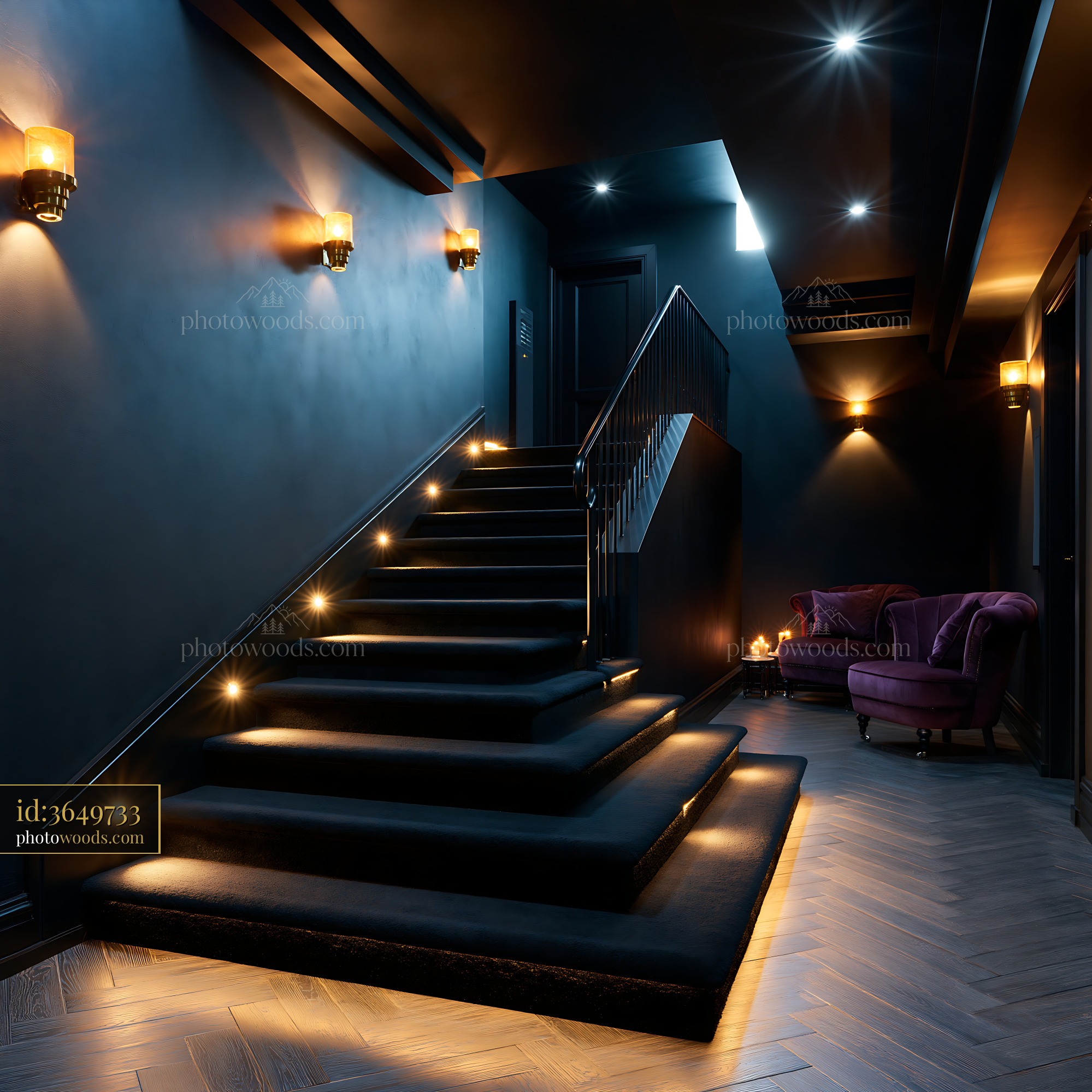 Monochrome Black Basement Theater With Stairs and Cozy Seating