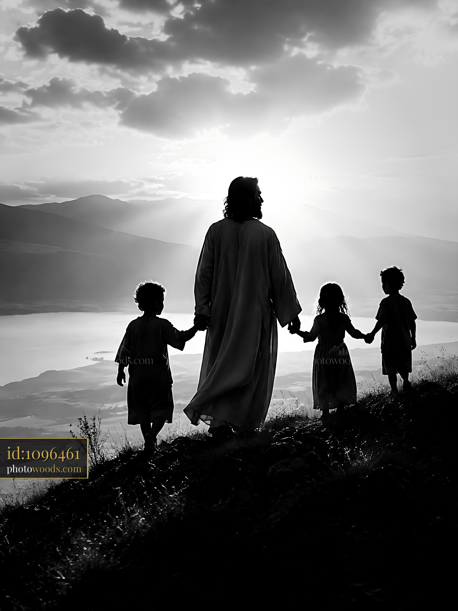 Jesus and Children Walking Together on a Hillside at Sunset