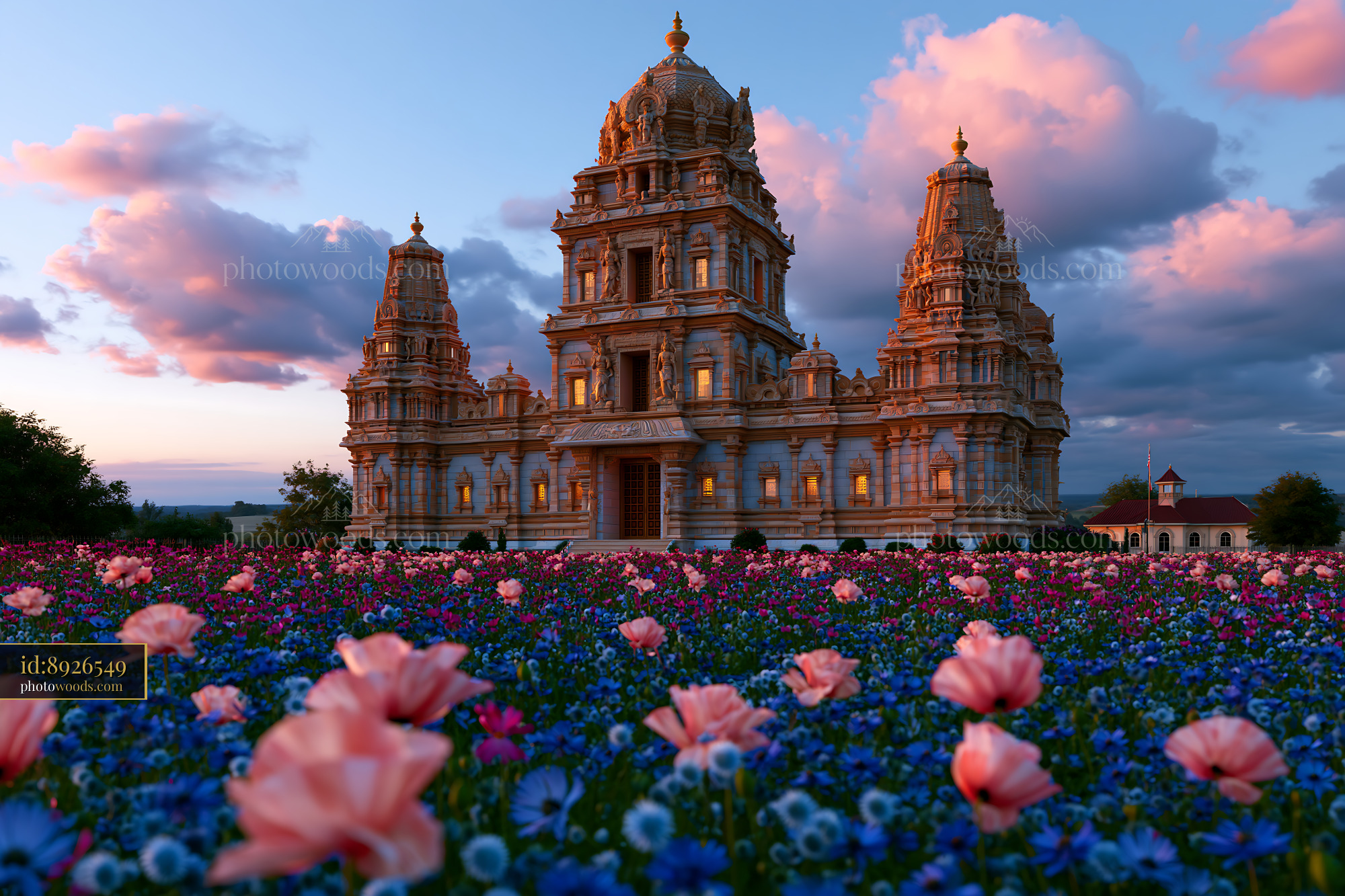 BAPS Shri Swaminarayan Mandir Surrounded by Flowers at Sunset