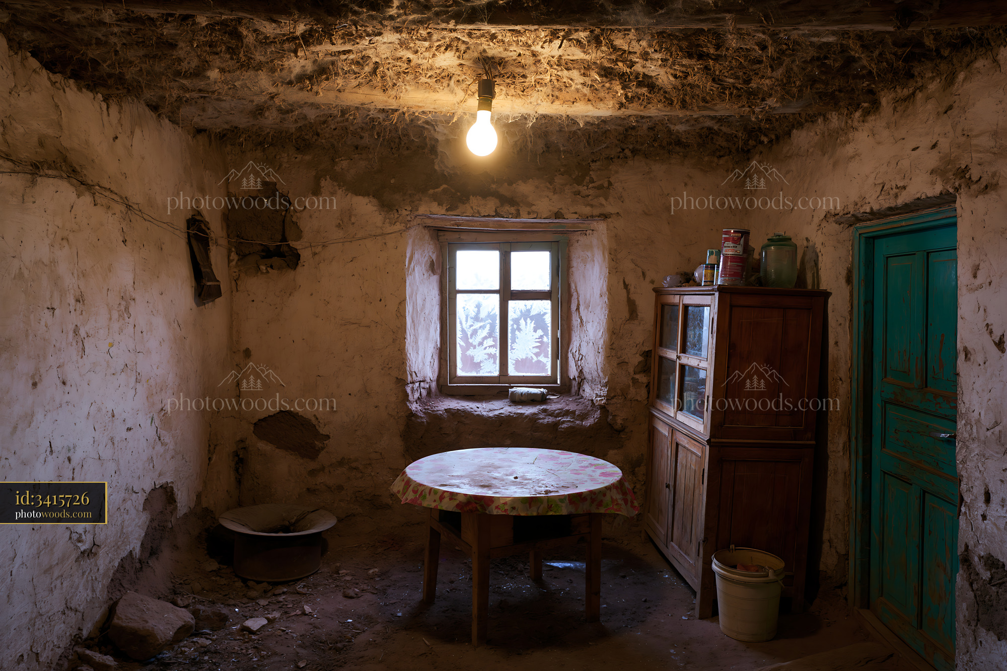Crumbling Adobe House Interior With Wooden Furniture and Window