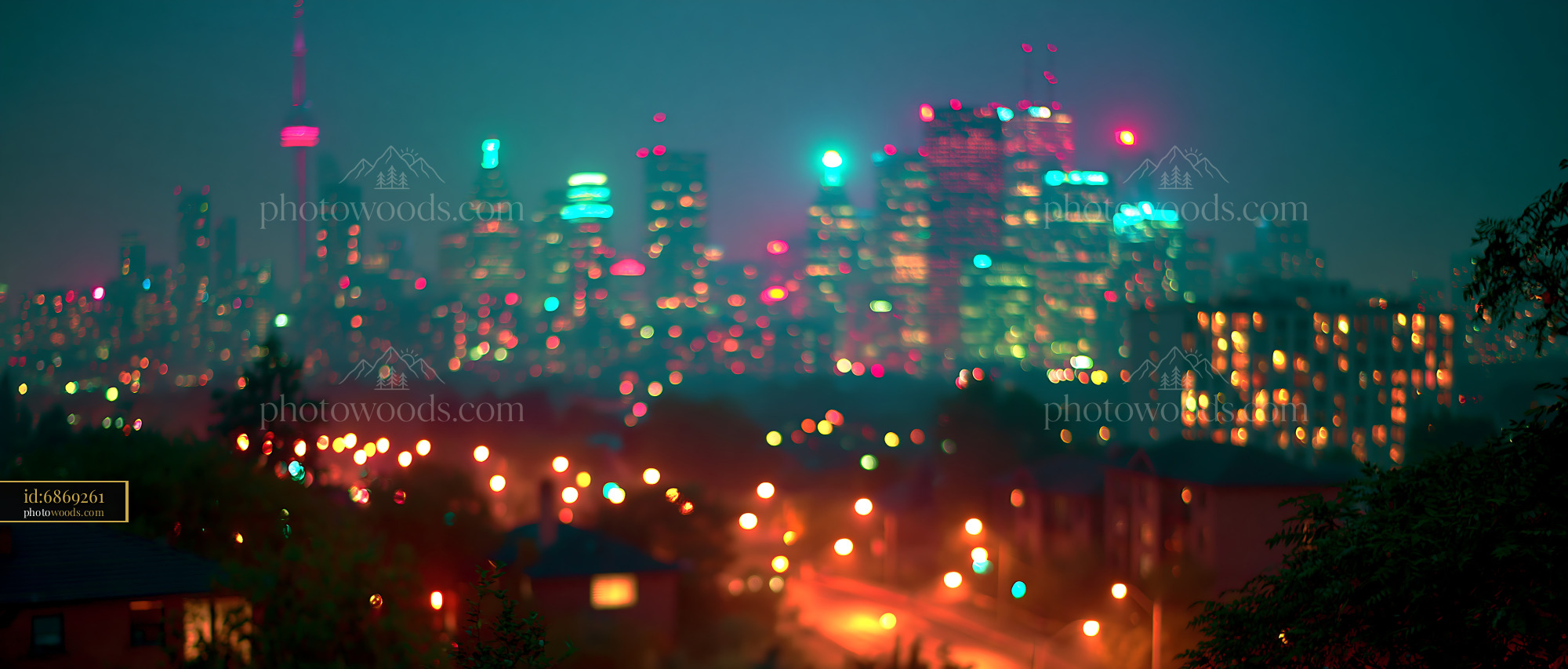 City Skyline Glows at Night With Colorful Lights and Buildings